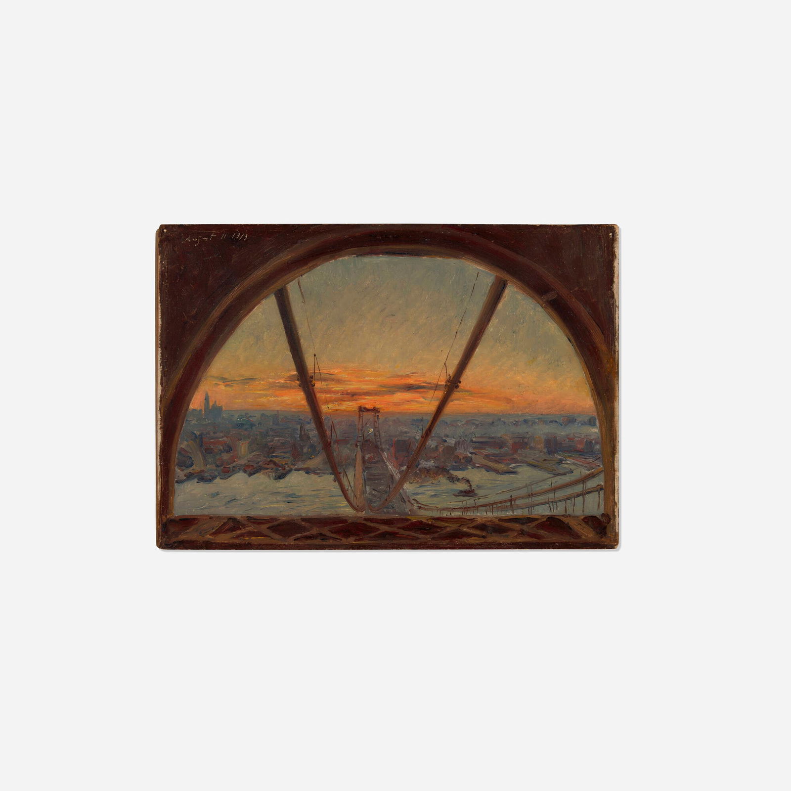 Louis Charles Vogt, City Skyline from Top of Bridge: Louis Charles Vogt City Skyline from Top of Bridge 1913 oil on board 7.5 h x 10.625 w in (19 x 27 cm) Dated to upper left 'August 11 1913'. Provenance: Collection of Robert Henry Adams This