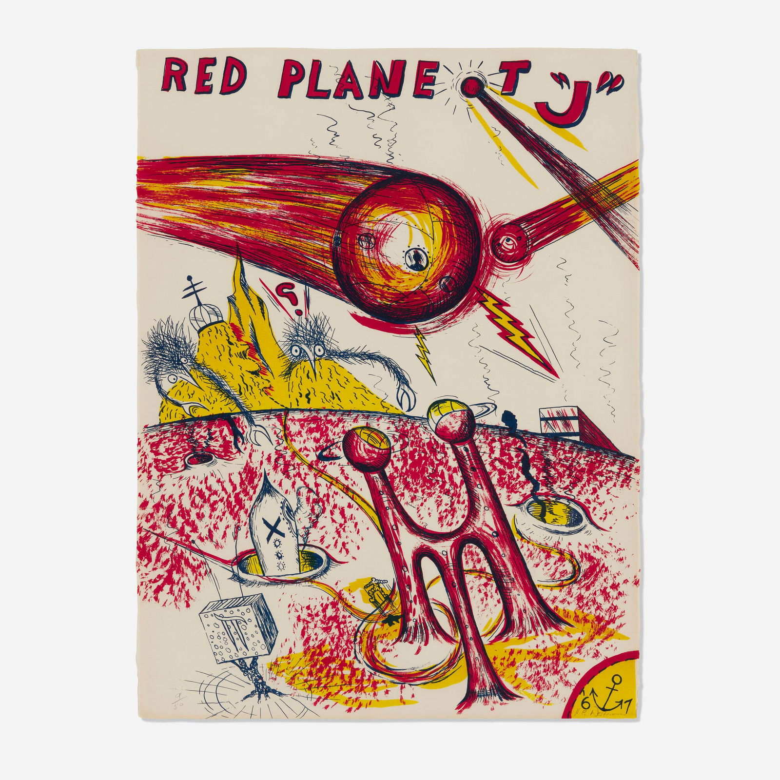 H.C. Westermann, Red Planet J: H.C. Westermann Red Planet J 1967 lithograph in colors 30 h x 22.375 w in (76 x 57 cm) Signed and numbered to lower edge '9/50 H.C. Westermann' with blindstamp. This work is number 9 from the