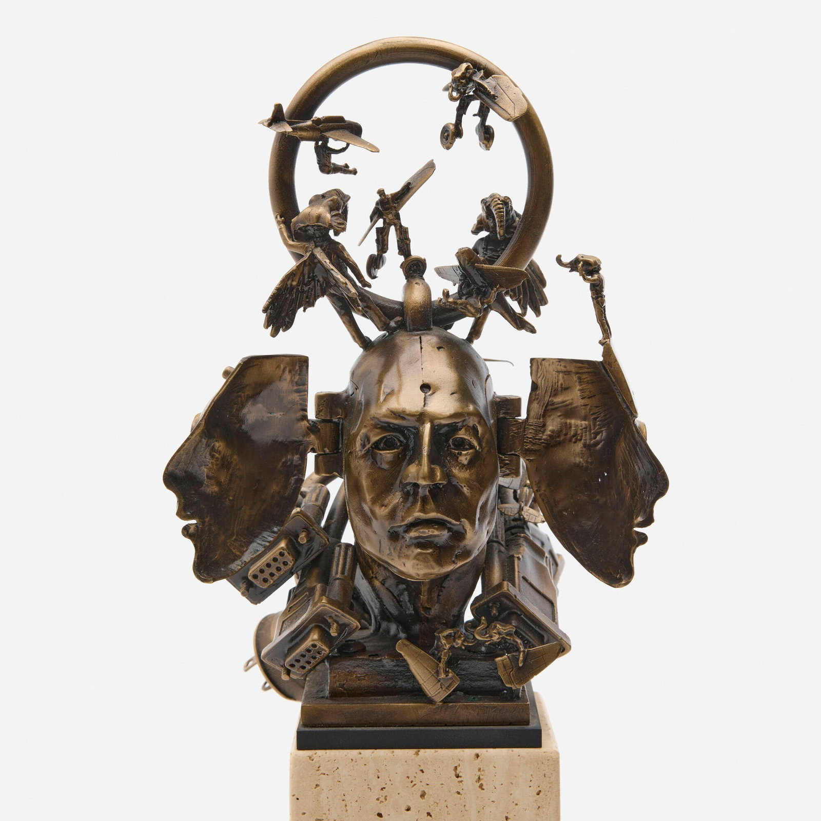 Theodore Gall, Untitled: Theodore Gall Untitled c. 2010bronze, circuit board, travertine 14 h x 4.5 w x 6.25 d in (36 x 11 x 16 cm) Incised signature to lower right 'T. Gall'. Provenance: ten47