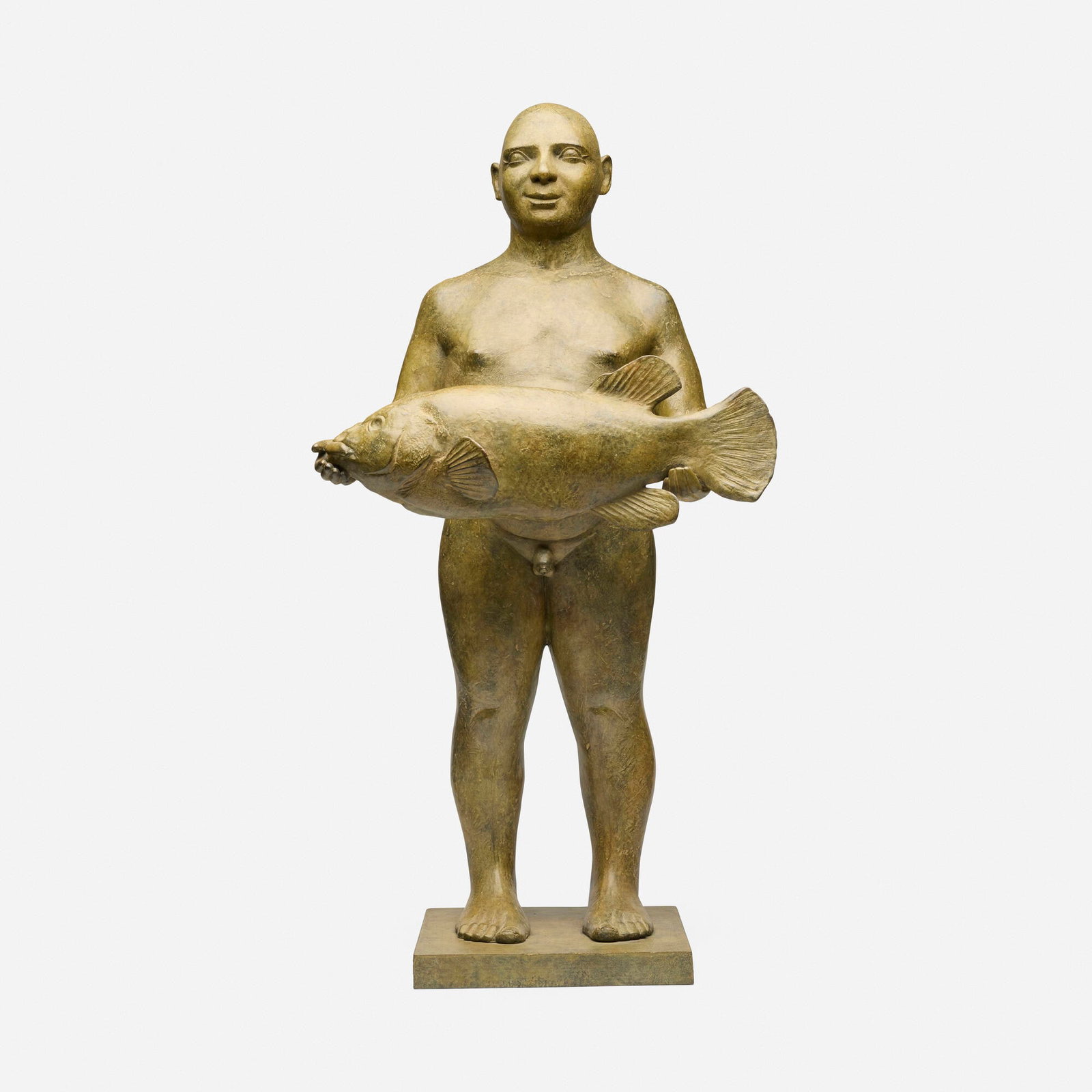 Philippe Brodzki, Untitled (Man Holding a Fish): Philippe Brodzki Untitled (Man Holding a Fish) c. 1995bronze 31 h x 16 w x 11.5 d in (79 x 41 x 29 cm) Cast signature to inner right foot 'Brodzki 995' and numbered to top of base '5/8'. This