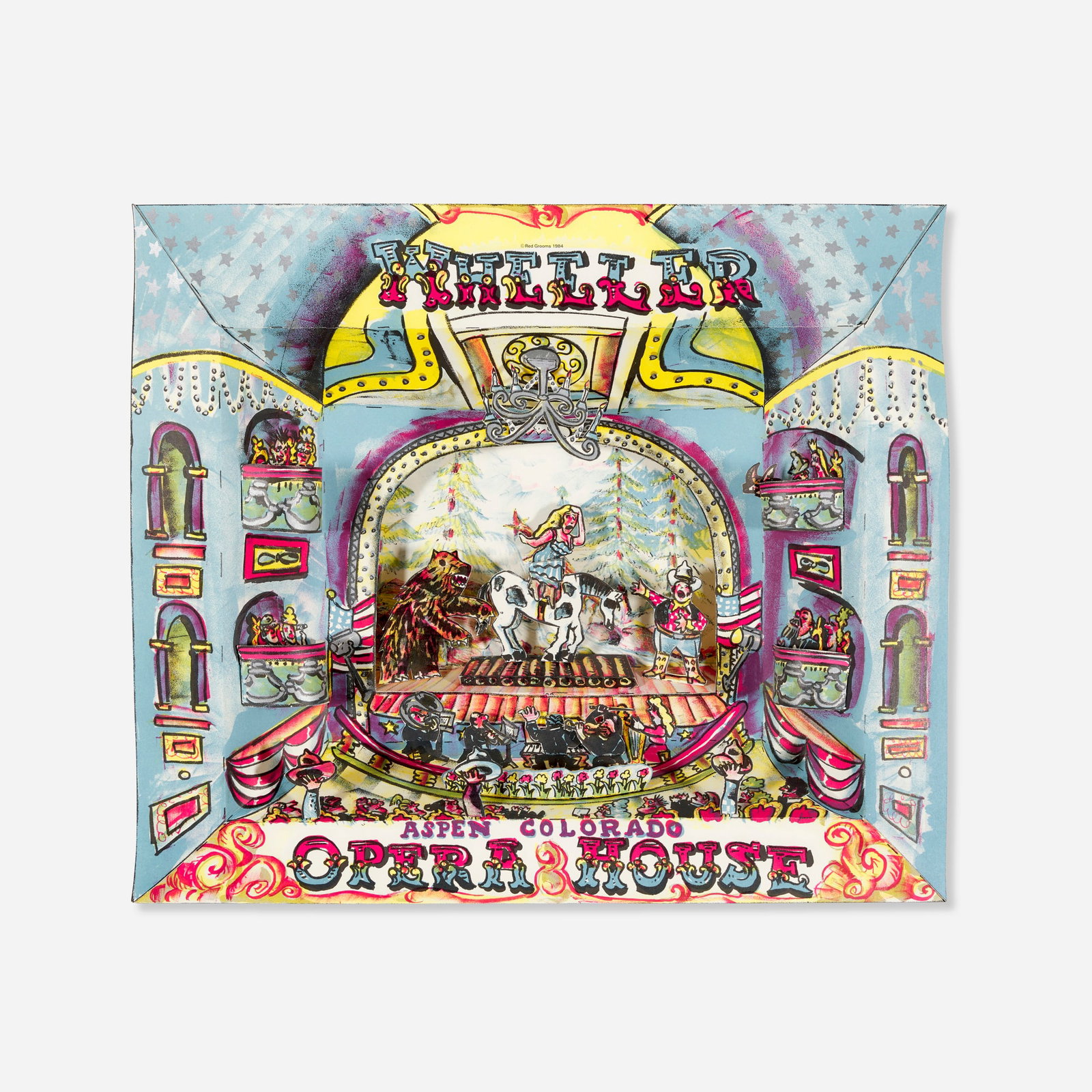 Red Grooms, Wheeler Opera House: Red Grooms Wheeler Opera House 1984 cut-out lithograph in colors construction in Plexiglas box 16.75 h x 19.75 w x 3 d in (43 x 50 x 8 cm) This work is from the edition of 30 published by Shark's