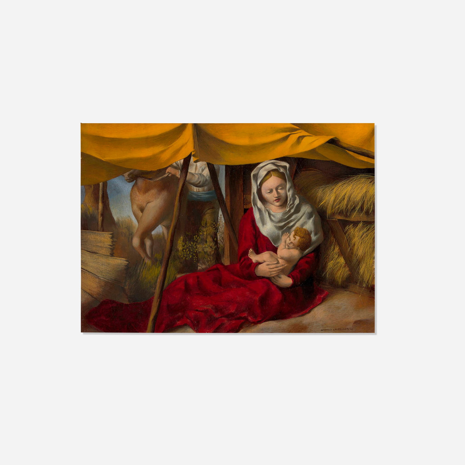 Federico Castellon, In the Manger: Federico Castellon In the Manger 1940 oil on board sight: 7.625 h x 10 w in (19 x 25 cm) This image was used on a Christmas card published by American Artists Group; a copy is held in the