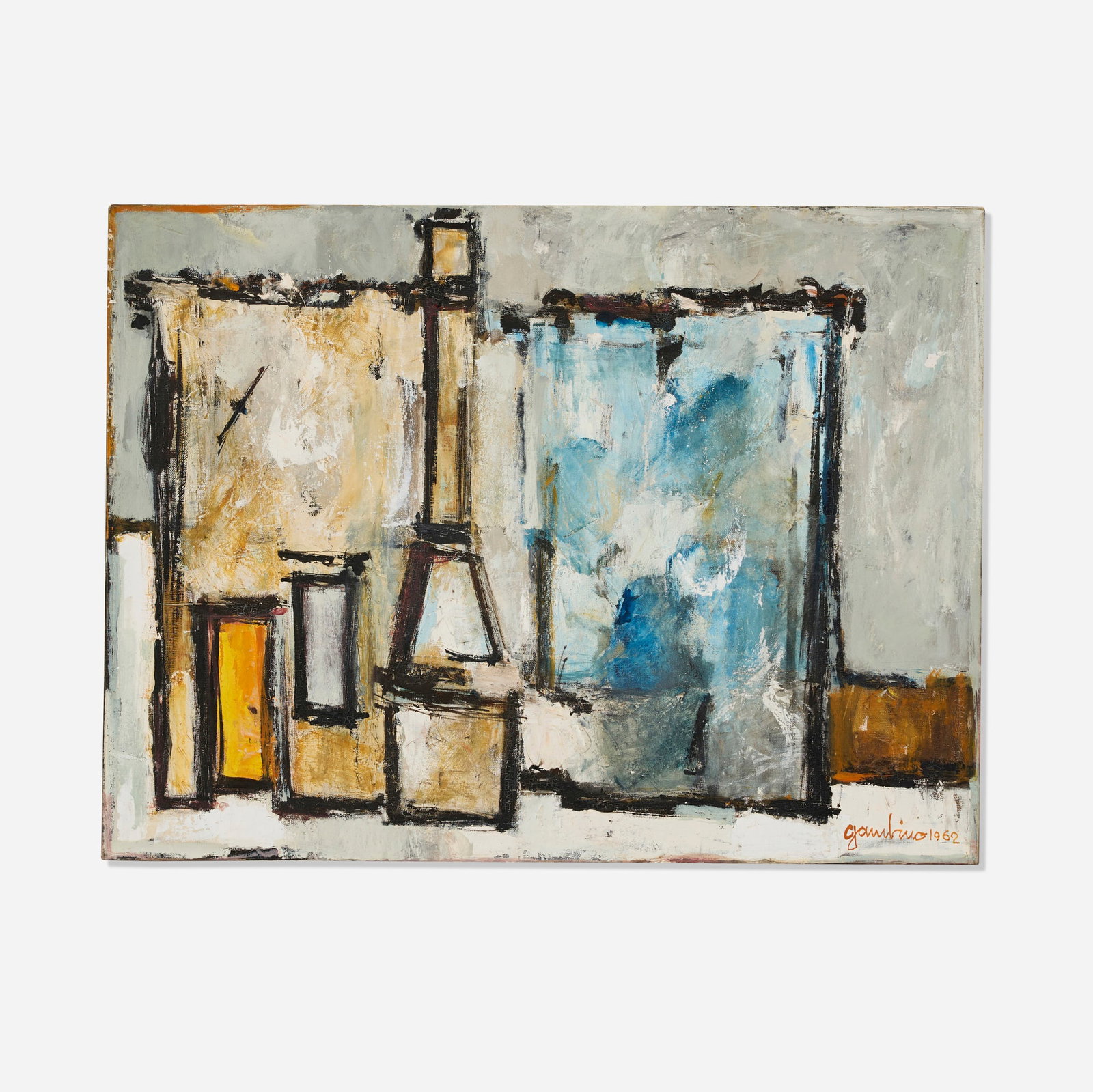 Guiseppe Gambino, Paesaggio a Burano: Guiseppe Gambino Paesaggio a Burano 1962 oil on canvas 24 h x 32 w in (61 x 81 cm) Signed and dated to lower right 'Gambino 1962'. Signed, titled and dated to verso 'S.M.S. Gambino 1962 Paesaggio