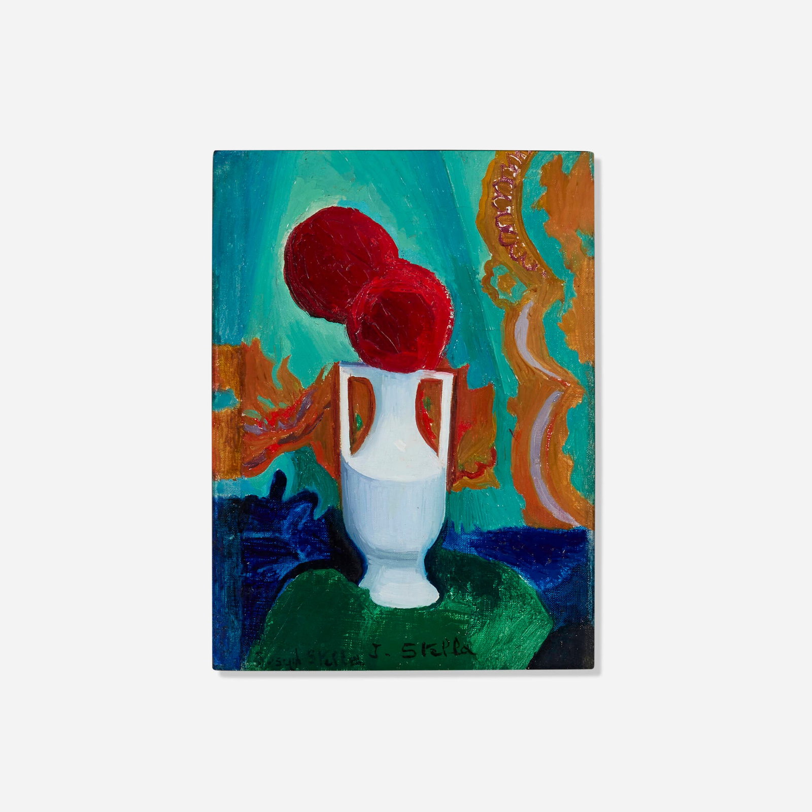 Joseph Stella, Vase Blanc: Joseph Stella Vase Blanc 1929oil on linen 9.5 h x 7 w in (24 x 18 cm) Signed twice to lower edge 'Joseph Stella J. Stella'. Signed, dated and inscribed to verso 'Oil by Joseph Stella peinture