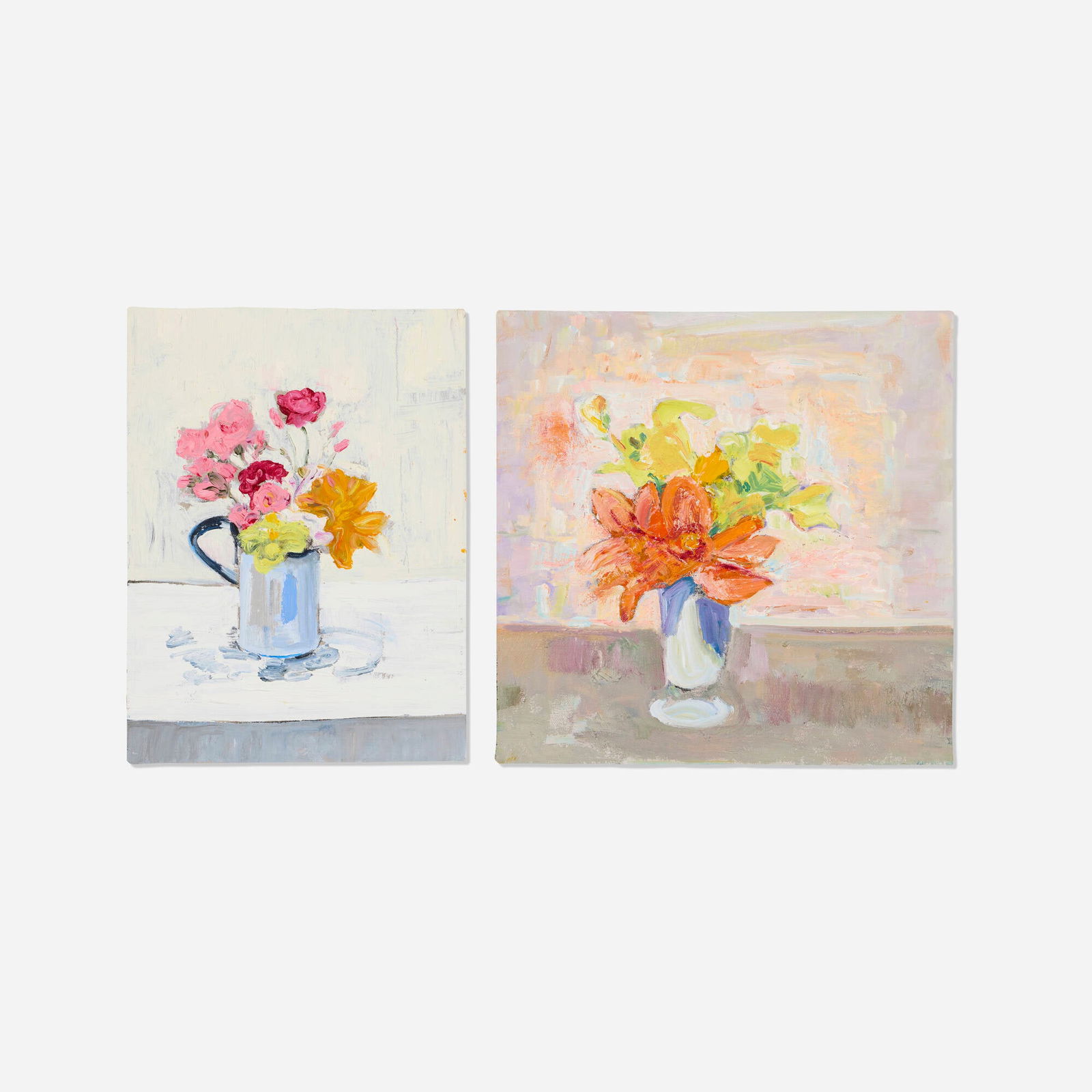 Bernard Chaet, White Cup; Orange Light (two works): Bernard Chaet White Cup; Orange Light (two works) 1993, 1998 oil on canvas 12 h x 12 w in (30 x 30 cm) 12 h x 9 w in (30 x 23 cm) Signed and titled to stretcher bar of one work 'Chaet Orange