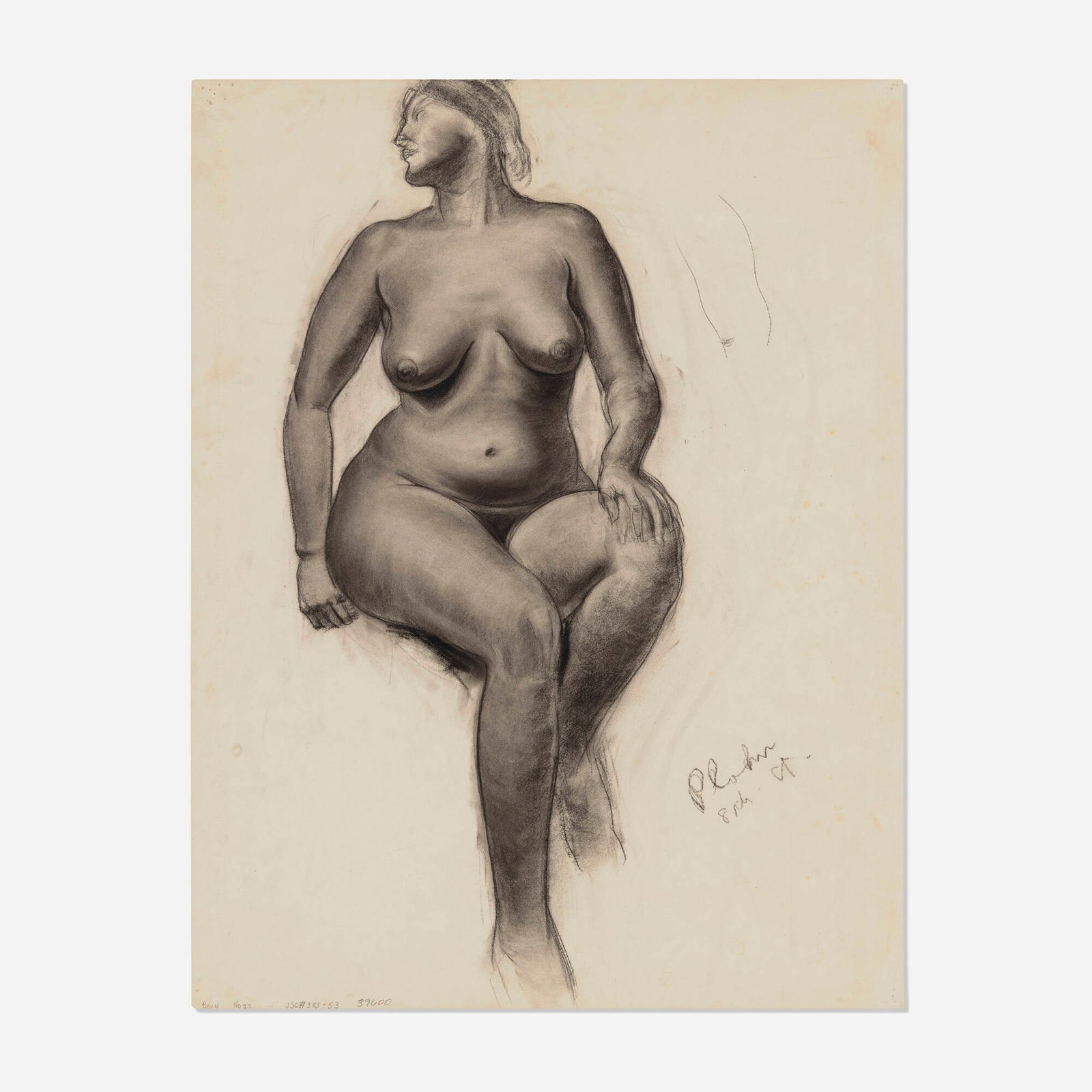 John Steuart Curry, Seated Nude: John Steuart Curry Seated Nude charcoal on paper 25.25 h x 19.375 w in (64 x 49 cm) Estate stamp with number to verso '39600'. Provenance: Estate of the artist | Toomey Aucti