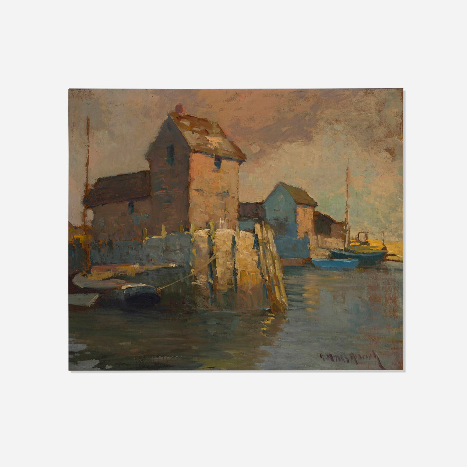 George Ames Aldrich, Maine Harbor Scene (Rockport Maine): George Ames Aldrich Maine Harbor Scene (Rockport Maine) oil on board 12 h x 13.875 w in (30 x 35 cm) Signed to lower right 'G. Ames Aldrich'. Provenance: Makielski Art Gallery, South Bend, IN |