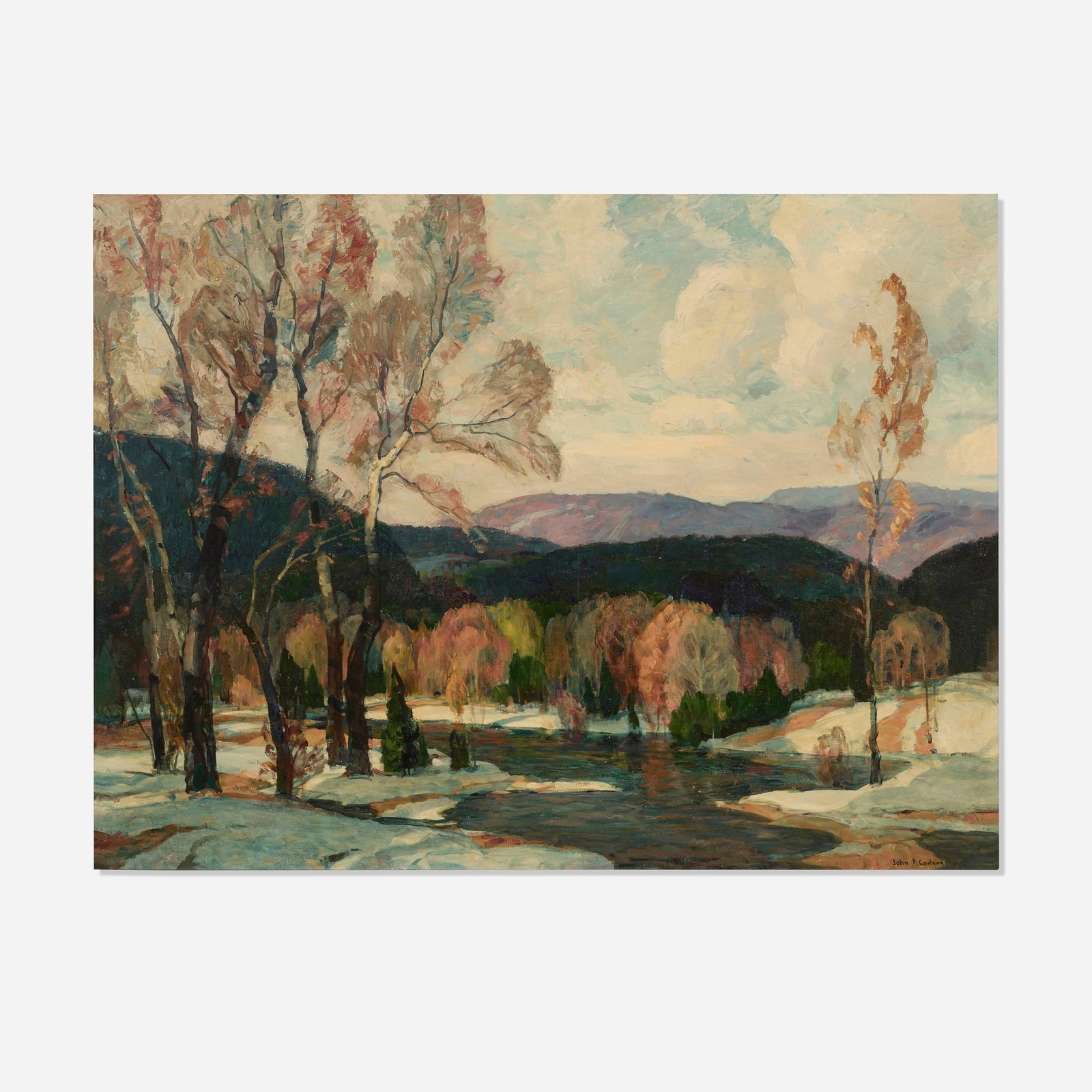 John Fabian Carlson, Autumn Snows: John Fabian Carlson Autumn Snows oil on canvas 30 h x 40.25 w in (76 x 102 cm) Signed to lower right 'John F. Carlson'. Signed and titled to verso 'Autumn Snows John F Carlson'. Prove
