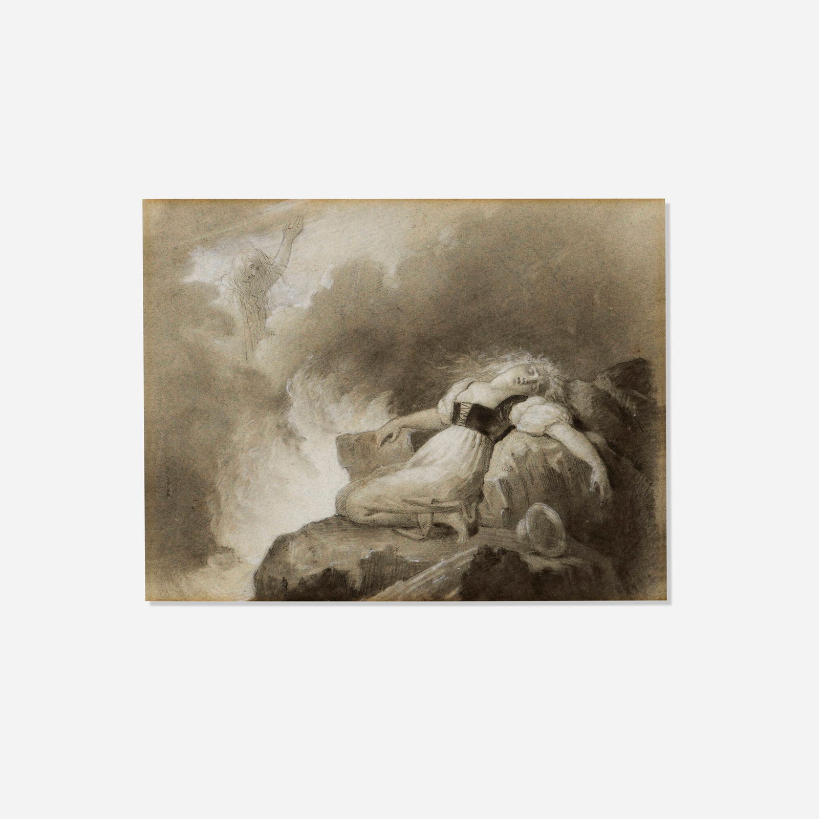 French School, Allegorical Scene: French School Allegorical Scene charcoal and chalk on paper 6.875 h x 8.25 w in (17 x 21 cm) This drawing is after a work by Alexandre Evariste Fragonard, the print of which was included in Baron Ta