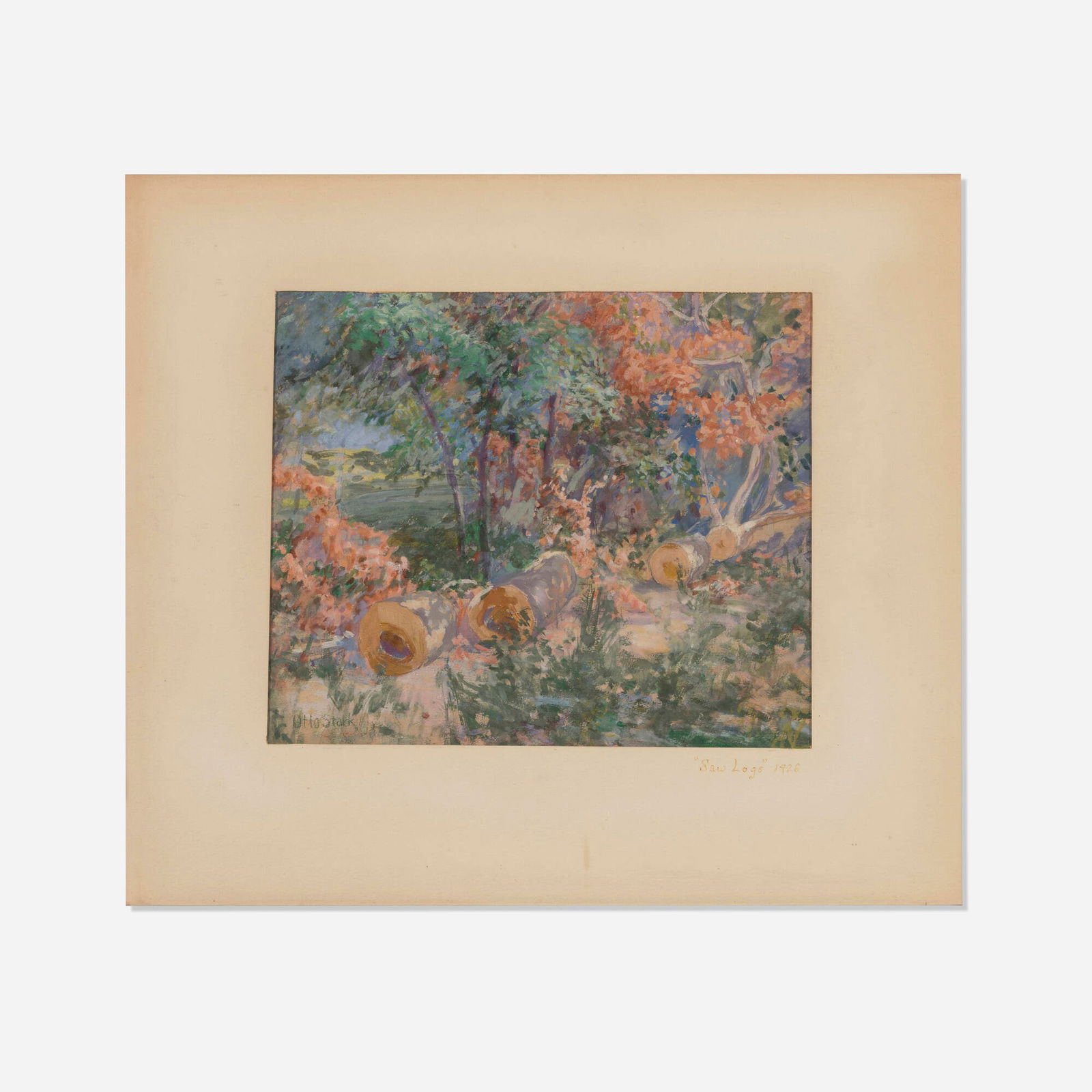 Otto Stark, Saw Logs: Otto Stark Saw Logs 1926gouache on paper 13.875 h x 16.875 w in (35 x 43 cm) Signed to lower left 'Otto Stark'. Titled and dated to mat window 'Saw Logs 1926'. This work wi