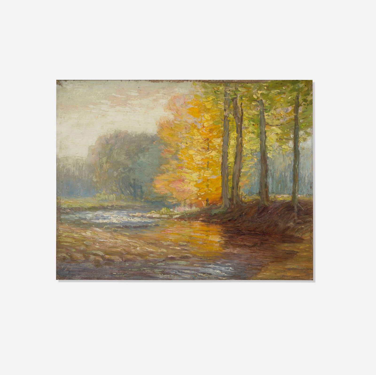 Daniel Kotz, River Scene, Golden Foliage: Daniel Kotz River Scene, Golden Foliage oil on wood 7.875 h x 10 w in (20 x 25 cm) Signed to lower right 'Daniel Kotz'. Signed and inscribed to verso 'Daniel Kotz b South Bend Indiana 1848'. 