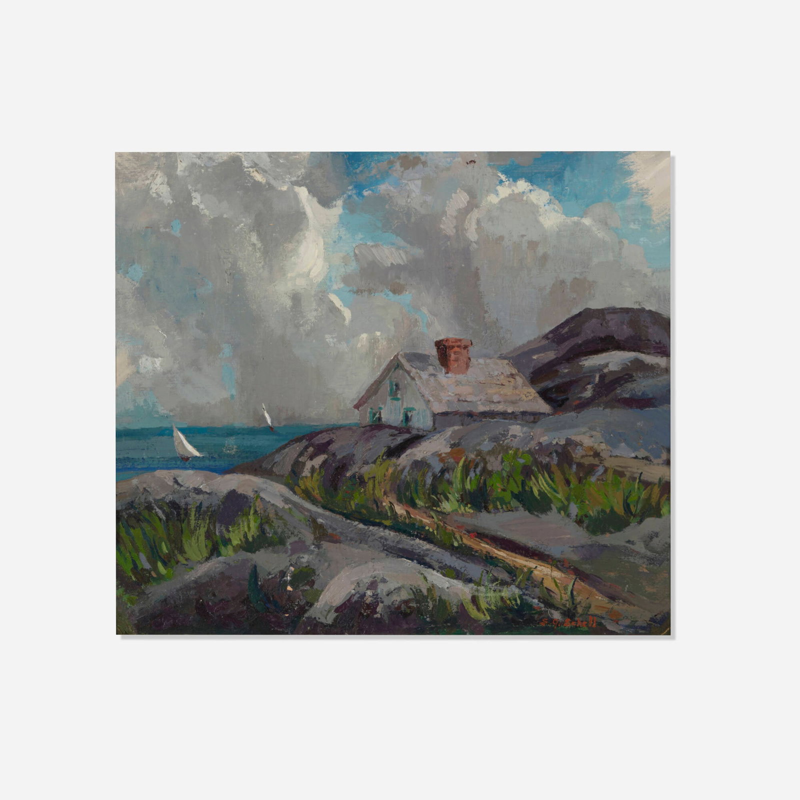 Susan Gertrude Schell, Rocks & Houses: Susan Gertrude Schell Rocks & Houses 1939 oil on board 13.875 h x 15.875 w in (35 x 40 cm) Signed to lower right 'S.G. Schell'. Signed, titled and dated to verso 'Rocks & Houses S. Gertrude Schell