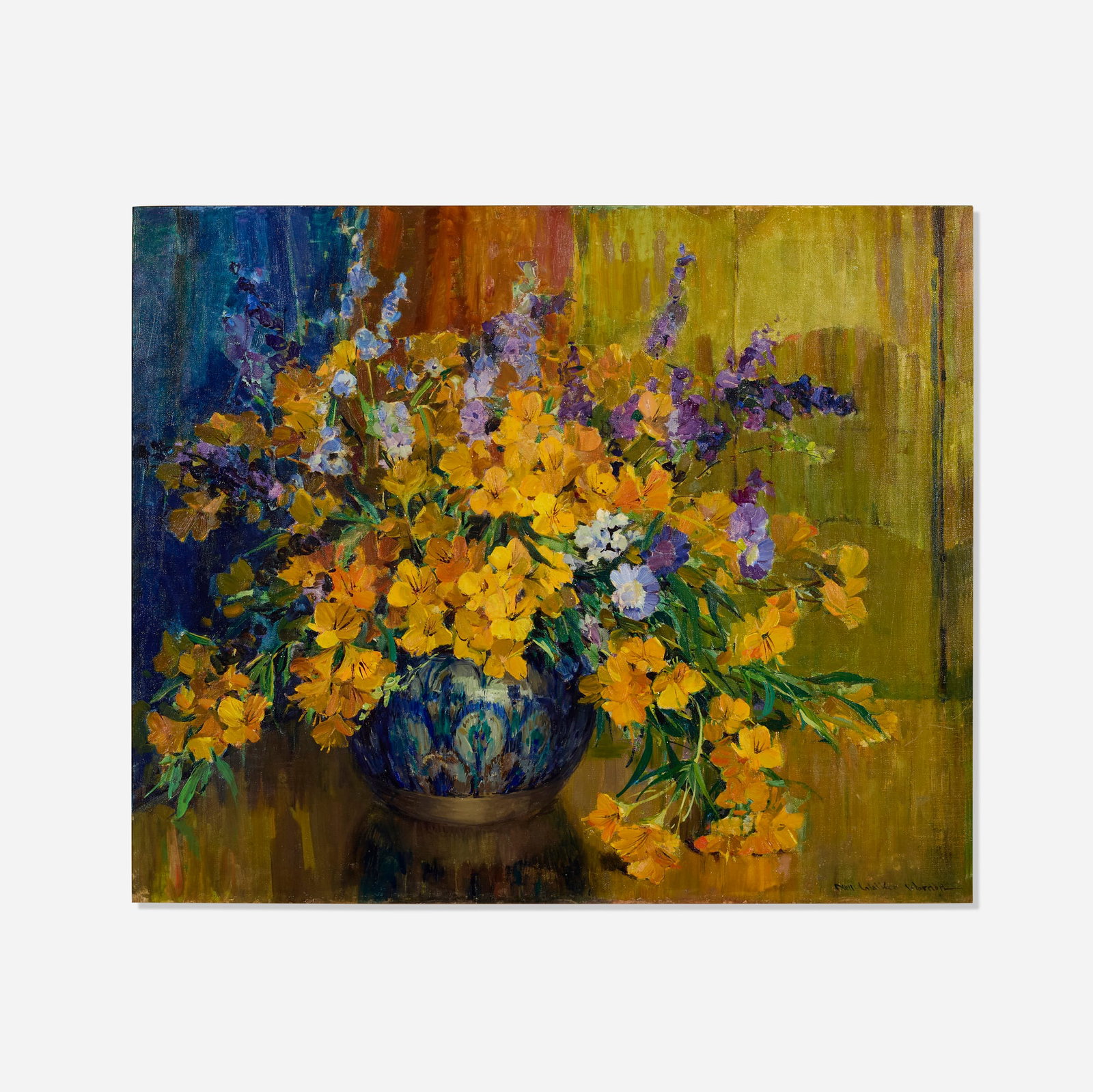 Nell Walker Warner, Alstroemeria: Nell Walker Warner Alstroemeria oil on canvas 30.25 h x 36.25 w in (77 x 92 cm) Signed to lower right 'Nell Walker Warner'. Provenance: The Redfern Gallery, Laguna Beach, CA