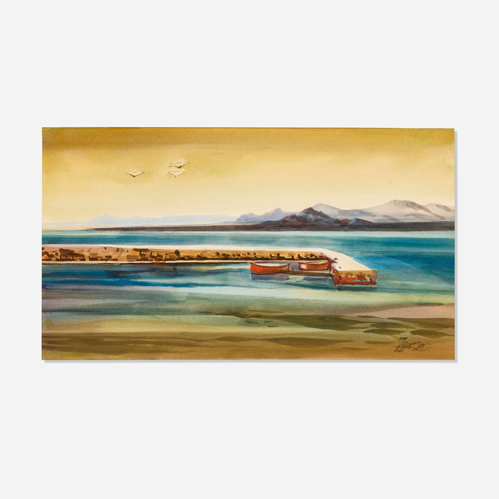 Milford Zornes, The Salton Sea: Milford Zornes The Salton Sea 1980watercolor on illustration board 18 h x 32 w in (46 x 81 cm) Signed and dated to lower right 'Zornes 80'. Signed and titled to verso 'The Salton Sea Milford Z