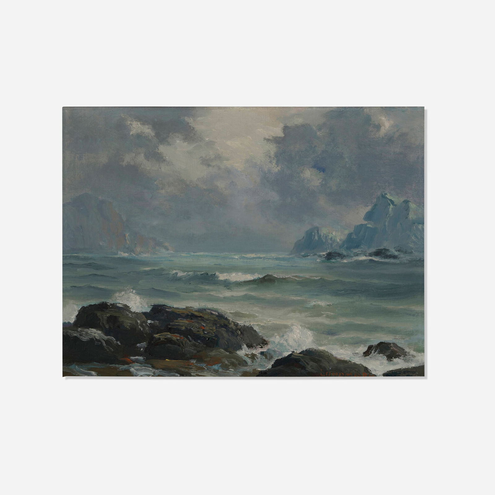Leon Lundmark, Approaching Storm, Lake Superior: Leon Lundmark Approaching Storm, Lake Superior 1924oil on canvas board 12.25 h x 16.125 w in (31 x 41 cm) Signed to lower right 'Lundmark'. This work will ship from Chicago
