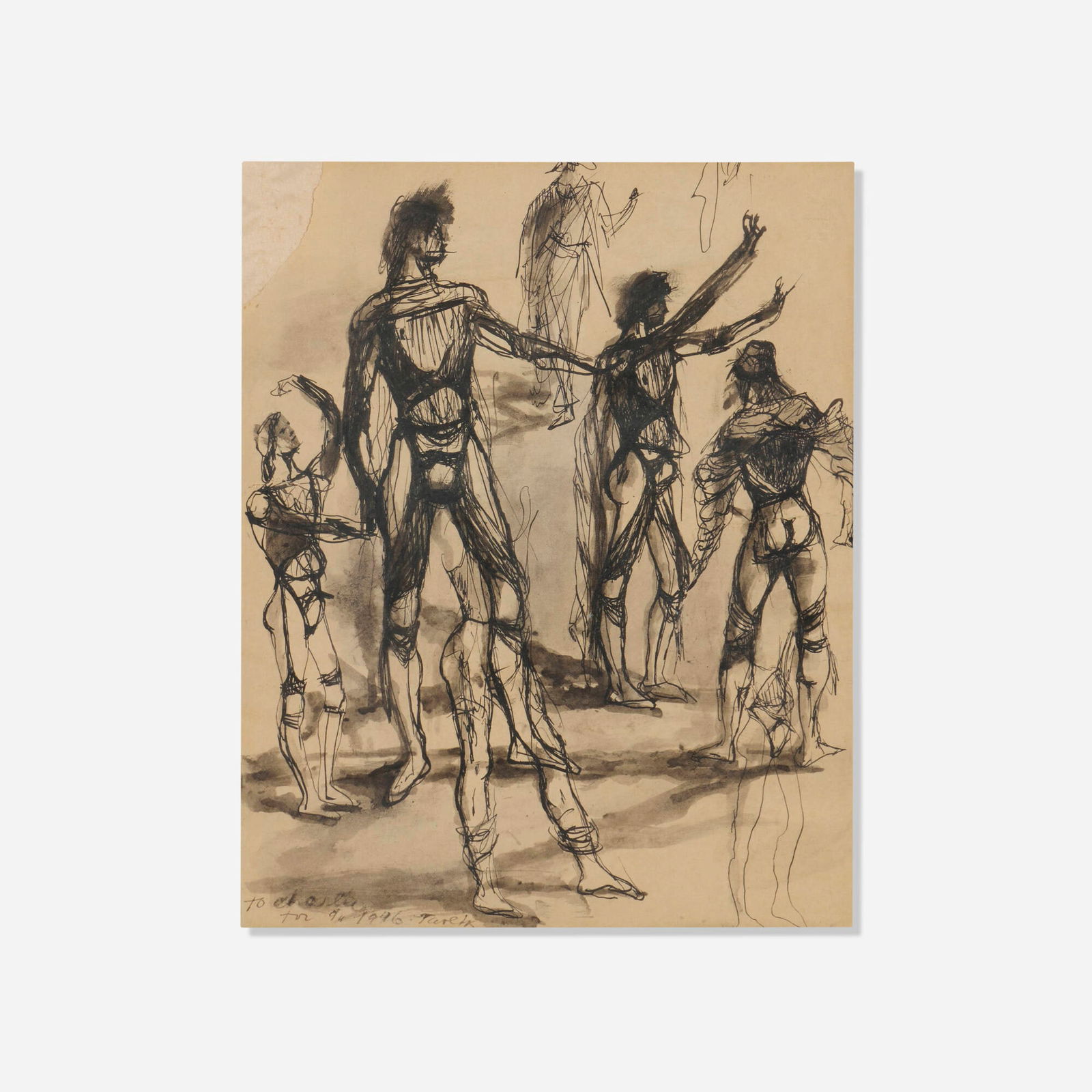 Tawfik Tarek, Male Figure Studies: Tawfik Tarek Male Figure Studies 1916ink on paper 11 h x 8.5 w in (28 x 22 cm) Signed, dated and inscribed to lower edge 'To Charles 1916 Tarek'. This work will ship from L