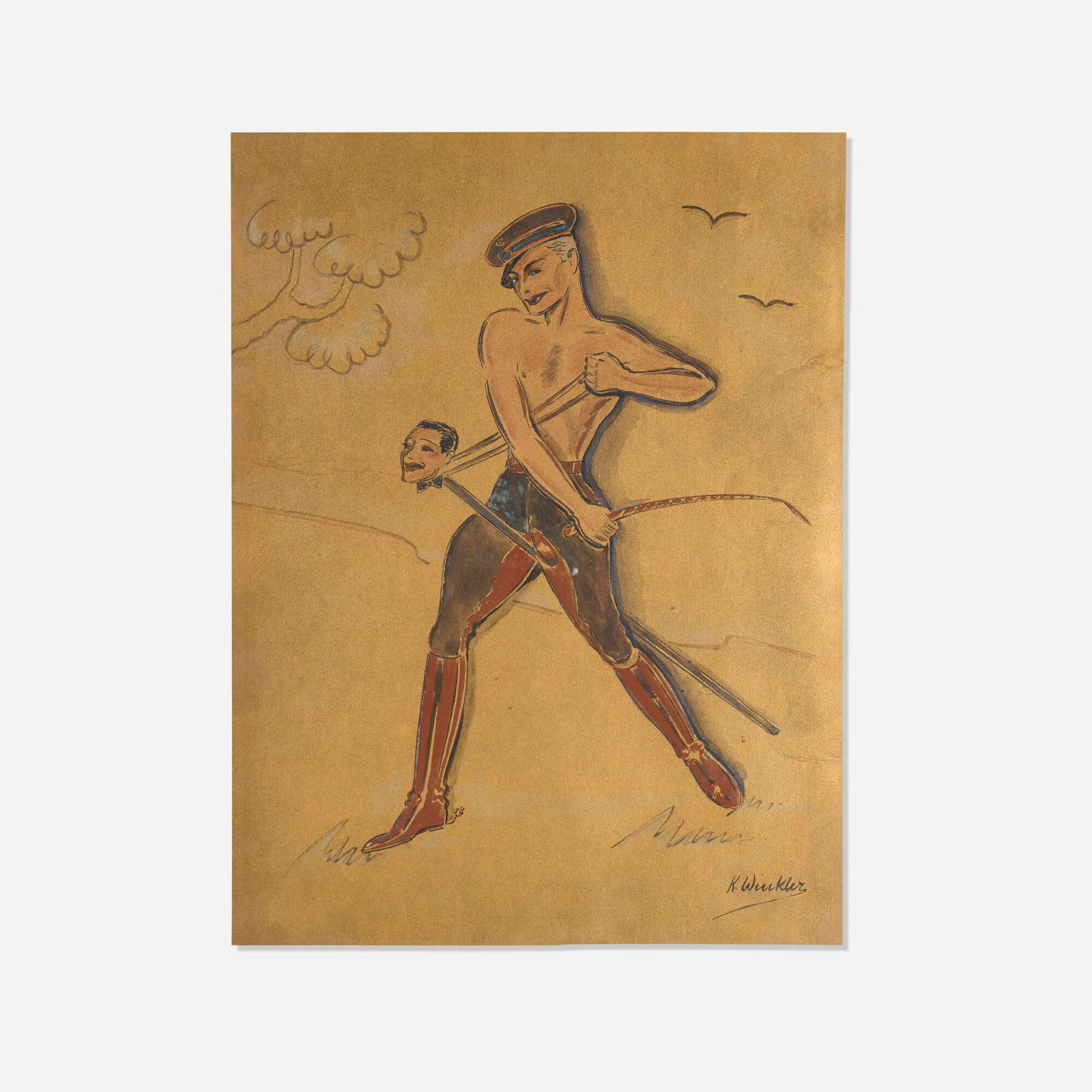 Konrad Winkler, Untitled (Man with Crop Riding Hobby Horse): Konrad Winkler Untitled (Man with Crop Riding Hobby Horse) gouache on gold paper sight: 14.125 h x 10.625 w in (36 x 27 cm) Signed to lower right 'K. Winkler'. This work will shi