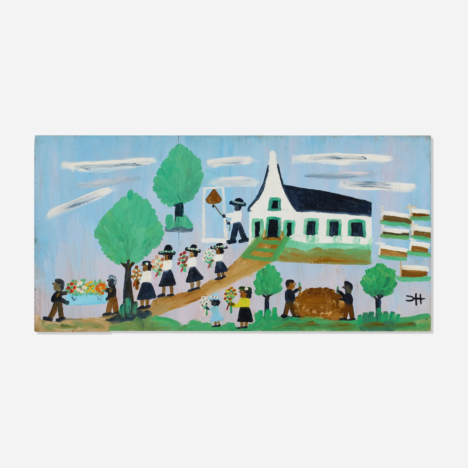 Clementine Hunter, Untitled (Funeral Procession): Clementine Hunter Untitled (Funeral Procession) c. 1970oil on panel 22 h x 44.25 w in (56 x 112 cm) Signed to lower right 'CH'. This work has been reviewed by Tom Whitehead, recognized expert