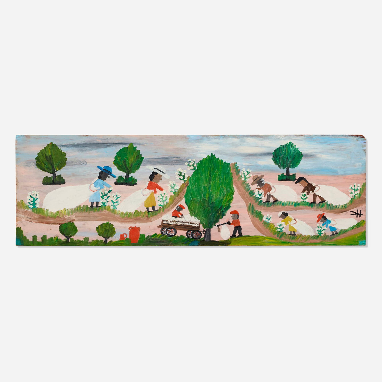 Clementine Hunter, Untitled (Picking Cotton): Clementine Hunter Untitled (Picking Cotton) c. 1970oil on panel 13.5 h x 42.5 w in (34 x 108 cm) Signed to lower right 'CH'. This work has been reviewed by Tom Whitehead, recognized expert on