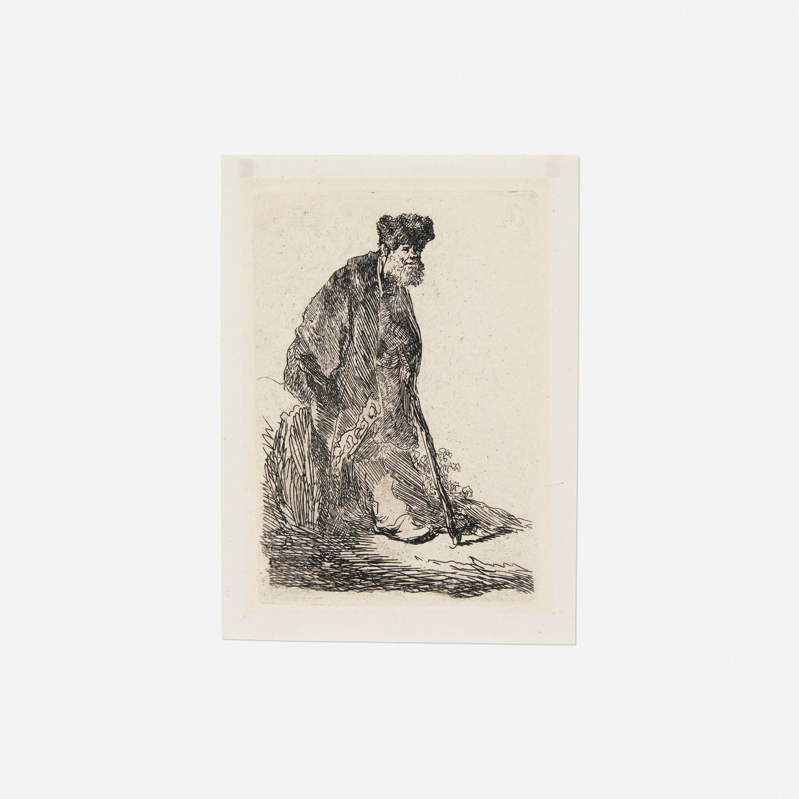 Rembrandt Harmensz. van Rijn, Man in a Coat and Fur Cap Leaning against a Bank: Rembrandt Harmensz. van Rijn Man in a Coat and Fur Cap Leaning against a Bank c. 1630 etching on laid paper image: 4.375 h x 3.125 w in (11 x 8 cm) sheet: 5.25 h x 3.875 w in (13 x 10 cm) New