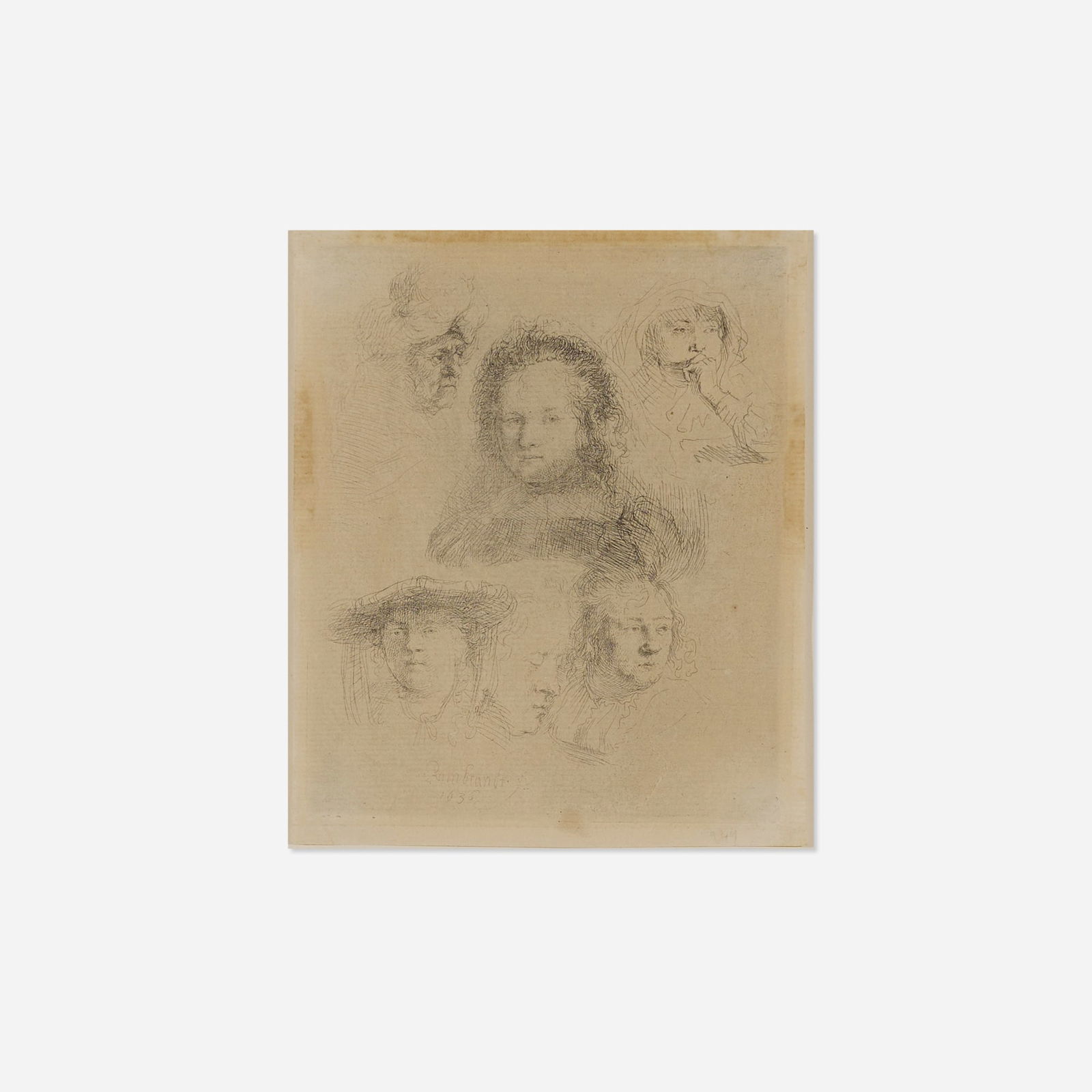 Rembrandt Harmensz. van Rijn, Studies of the Head of Saskia and Others: Rembrandt Harmensz. van Rijn Studies of the Head of Saskia and Others 1636 etching on laid paper image: 6 h x 5 w in (15 x 13 cm) sheet: 6.375 h x 5.375 w in (16 x 14 cm) A late impression of New