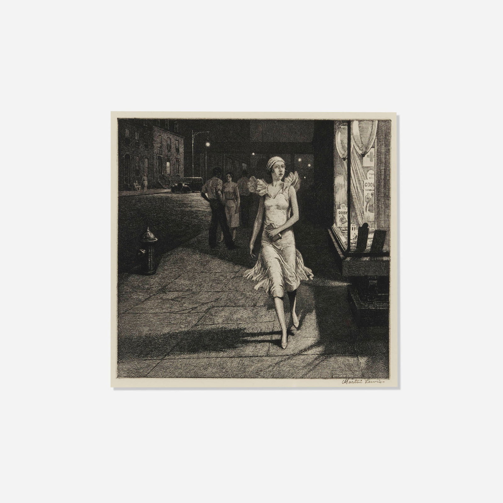 Martin Lewis, Night in New York: Martin Lewis Night in New York 1932 etching image: 8.375 h x 8.75 w in (21 x 22 cm) sight: 8.875 h x 9.25 w in (23 x 23 cm) Signed to lower margin 'Martin Lewis'. This work is a presentation print