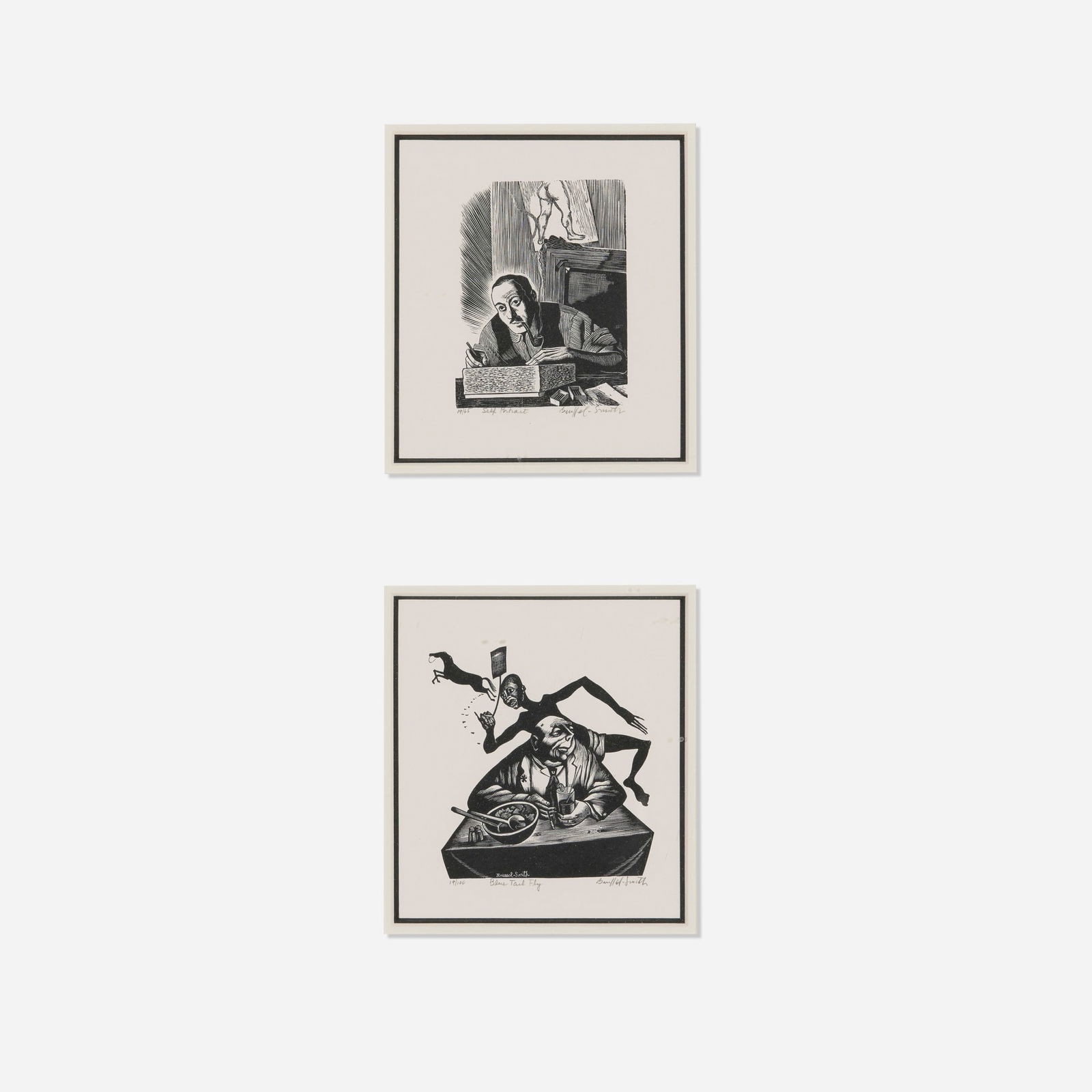 Bernard Brussel-Smith, Blue Tail Fly; Self Portrait (two works): Bernard Brussel-Smith Blue Tail Fly; Self Portrait (two works) 1945-46 wood engraving sight (each): 5.5 h x 4.75 w in (14 x 12 cm) Signed, titled and numbered to lower margin of each work '19/65