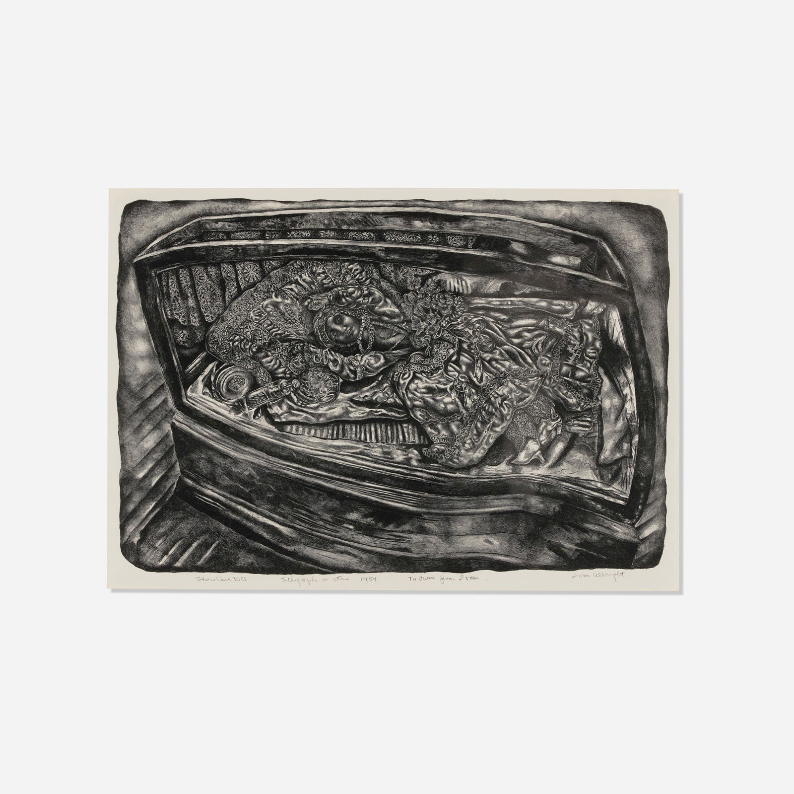 Ivan Albright, Show Case Doll: Ivan Albright Show Case Doll 1954 lithograph image: 17 h x 25 w in (43 x 63 cm) sight: 19 h x 26.5 w in (48 x 67 cm) Signed, titled and dated to lower margin 'Show Case Doll 1954 To Owen from