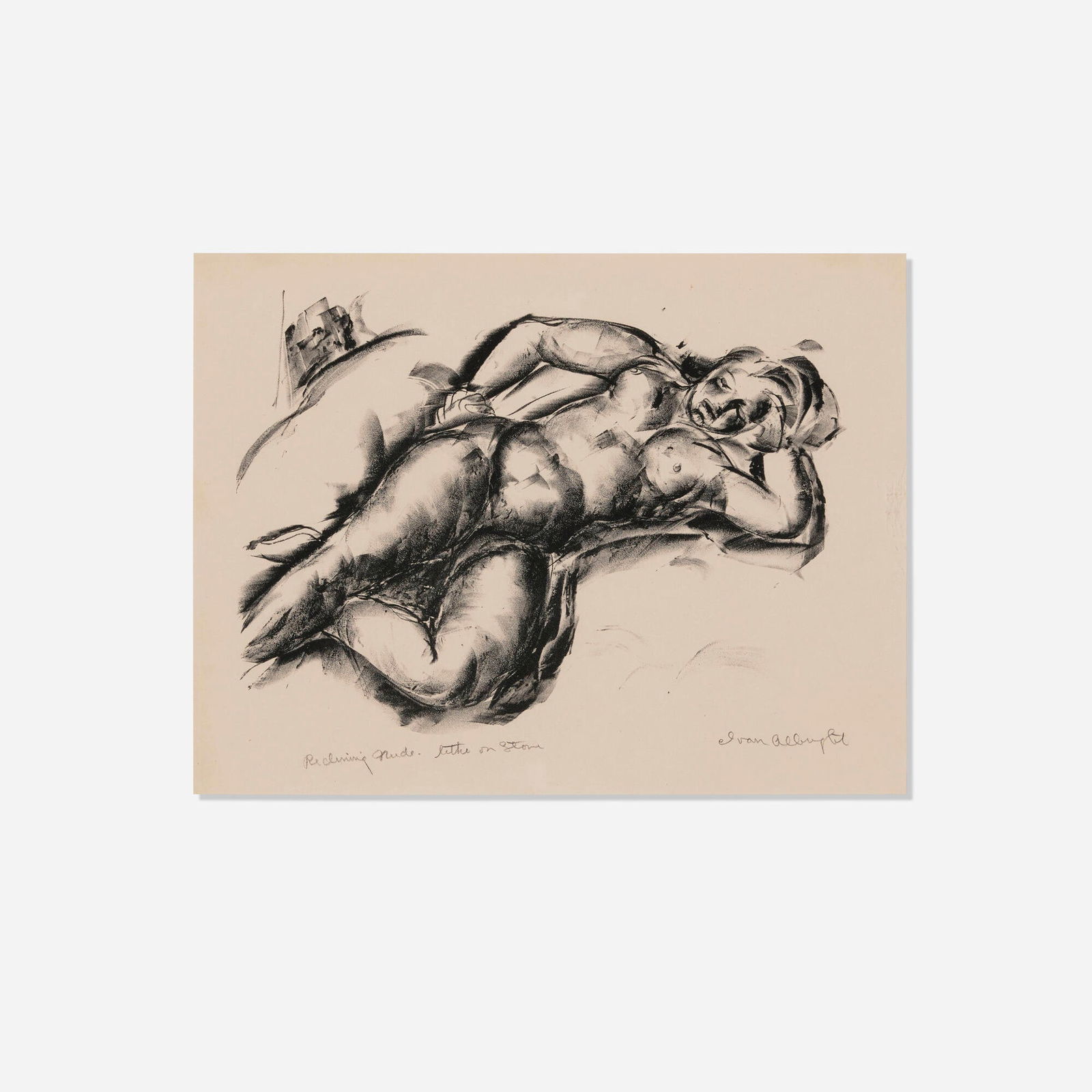 Ivan Albright, Reclining Nude (Into the Morning Sleeping): Ivan Albright Reclining Nude (Into the Morning Sleeping) c. 1937 lithograph sight: 10.25 h x 13.5 w in (26 x 34 cm) Signed and titled to lower edge 'Reclining Nude Ivan Albright'. This work is