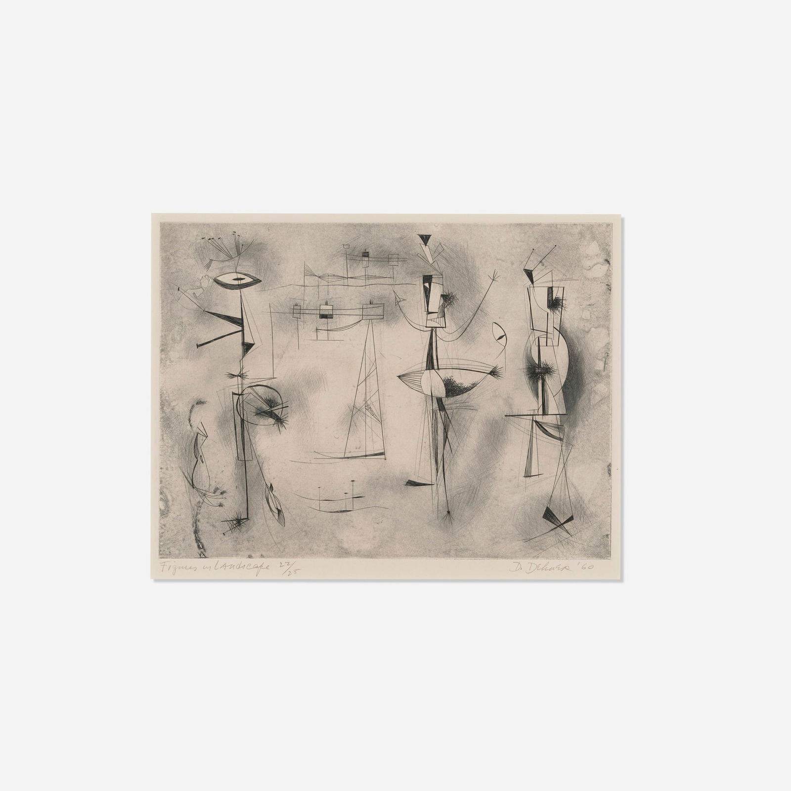 Dorothy Dehner, Figures in Landscape: Dorothy Dehner Figures in Landscape 1960 etching and engraving image: 8.75 h x 11.875 w in (22 x 30 cm) sight: 9.5 h x 12.375 w in (24 x 31 cm) Signed, titled, dated and numbered to lower edge