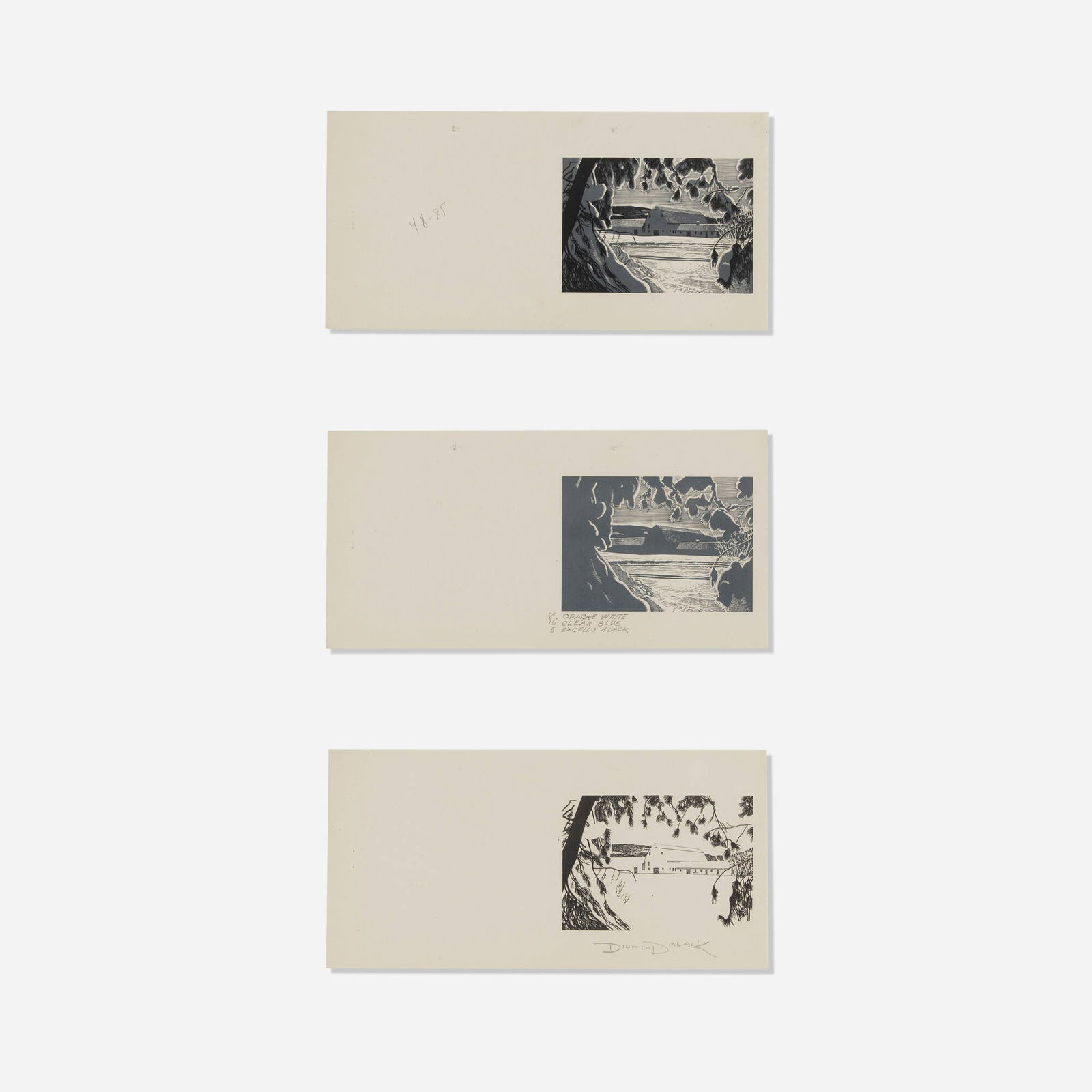 Rockwell Kent, Untitled (decomposition prints): Rockwell Kent Untitled (decomposition prints) wood engraving in colors image (each): 4 h x 5.5 w in (10 x 14 cm) sheet (each): 6.5 h x 13 w in (17 x 33 cm) These proofs of Kent's work titled