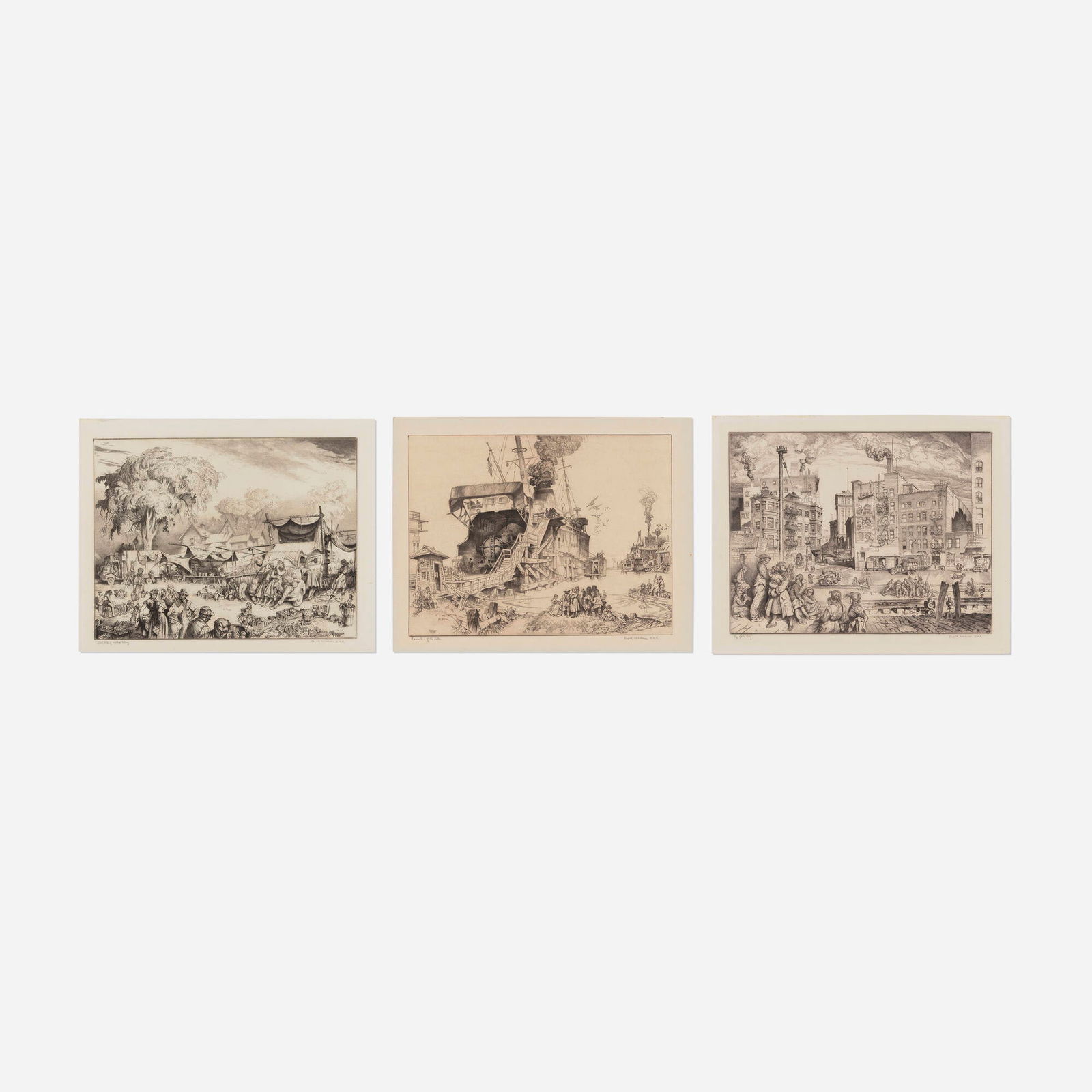 Reynold Henry Weidenaar, Three works: Reynold Henry Weidenaar Eyes of the City; Still Life of Wilted Celery; Leviathan of the Lakes (three works) 1953, 1954 etching image (each): 12.875 h x 16.875 w in (33 x 43 cm) sheet (largest):