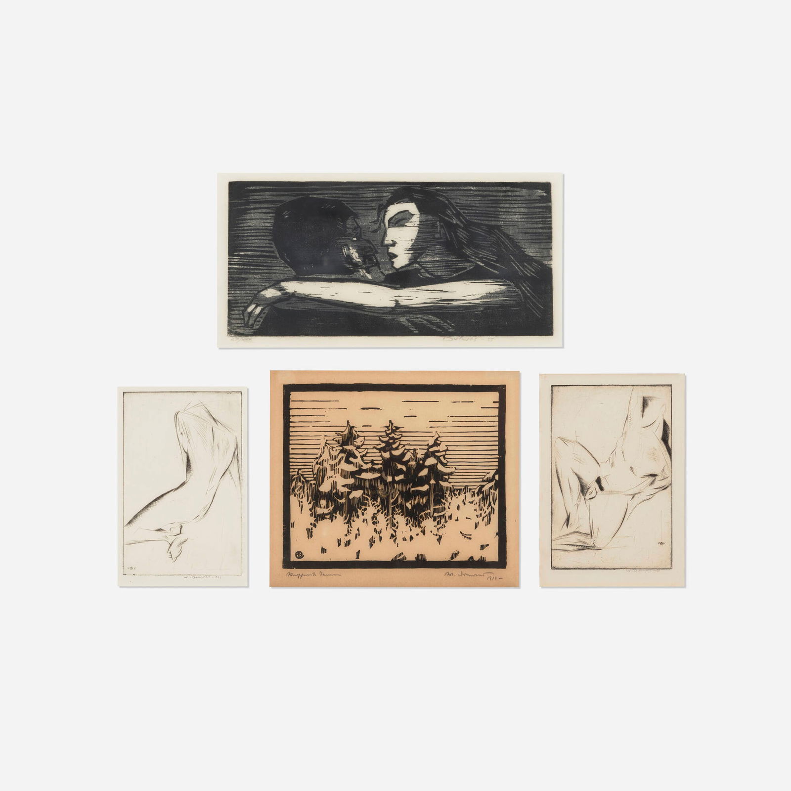 Werner Drewes, Figure Study II; Back View; Male Model; Mann und Frau and Pine Forest (four works): Werner Drewes Figure Study II; Back View; Male Model; Mann und Frau and Pine Forest (four works) 1919, 1926, 1955 etching; woodcut in colors; woodcut sight (largest): 8.5 h x 16.875 w in (22 x 43