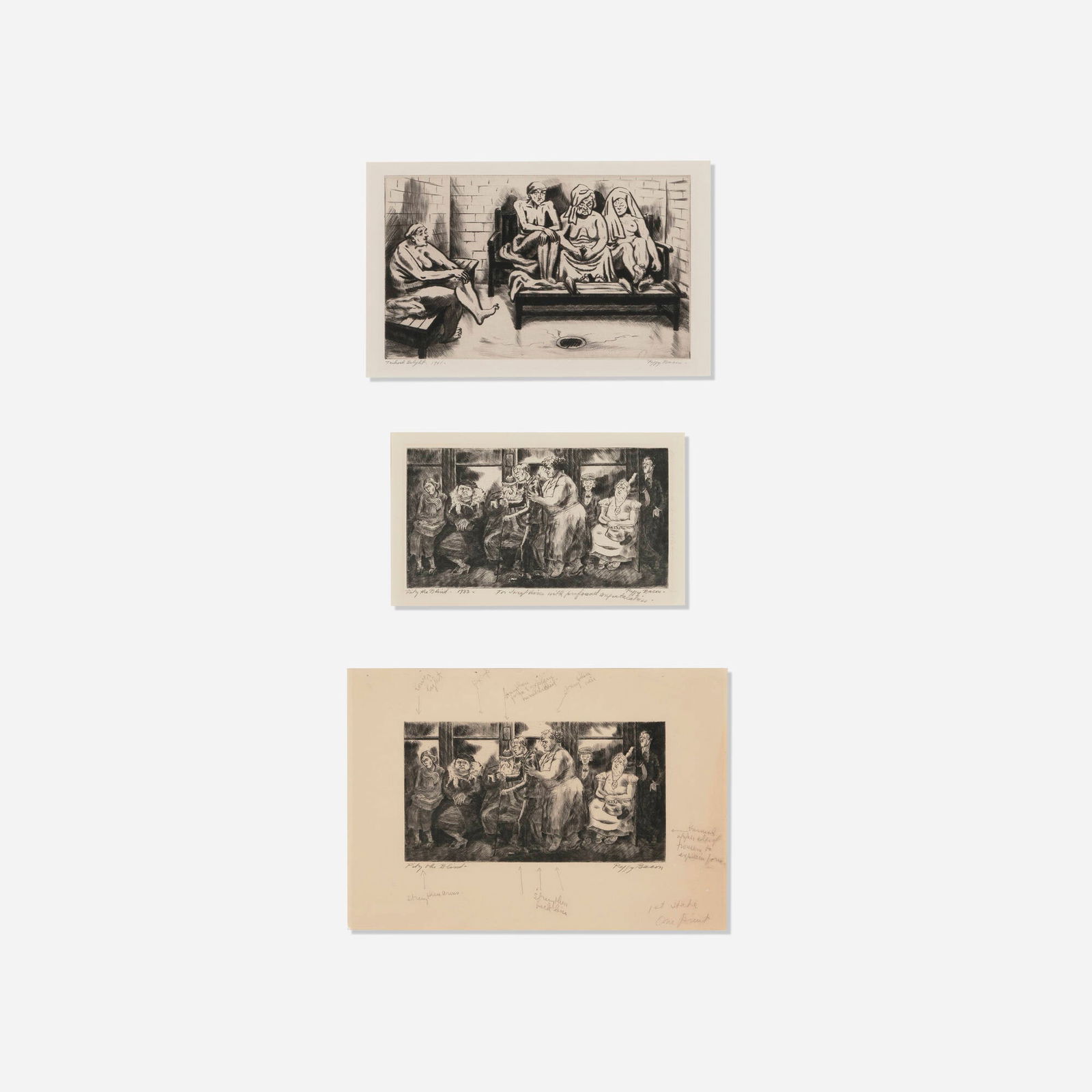 Peggy Bacon, Turkish Delight; Pity the Blind (first and second states) (three works): Peggy Bacon Turkish Delight; Pity the Blind (first and second states) (three works) 1933, 1941 drypoint sight: 7 h x 11.125 w in (18 x 28 cm) sight: 5.625 h x 9.5 w in (14 x 24 cm) sight: 8.5 h x