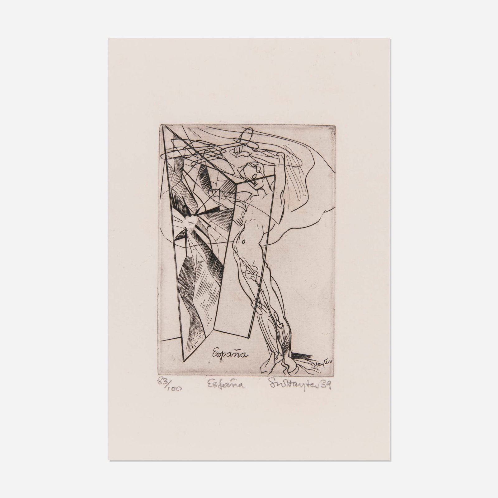 Stanley William Hayter, Espana (from the Fraternity portfolio): Stanley William Hayter Espana (from the Fraternity portfolio) 1939 etching image: 5 h x 3.5 w in (13 x 9 cm) sheet: 15.625 h x 11.625 w in (40 x 30 cm) Signed, titled, dated and numbered to lower