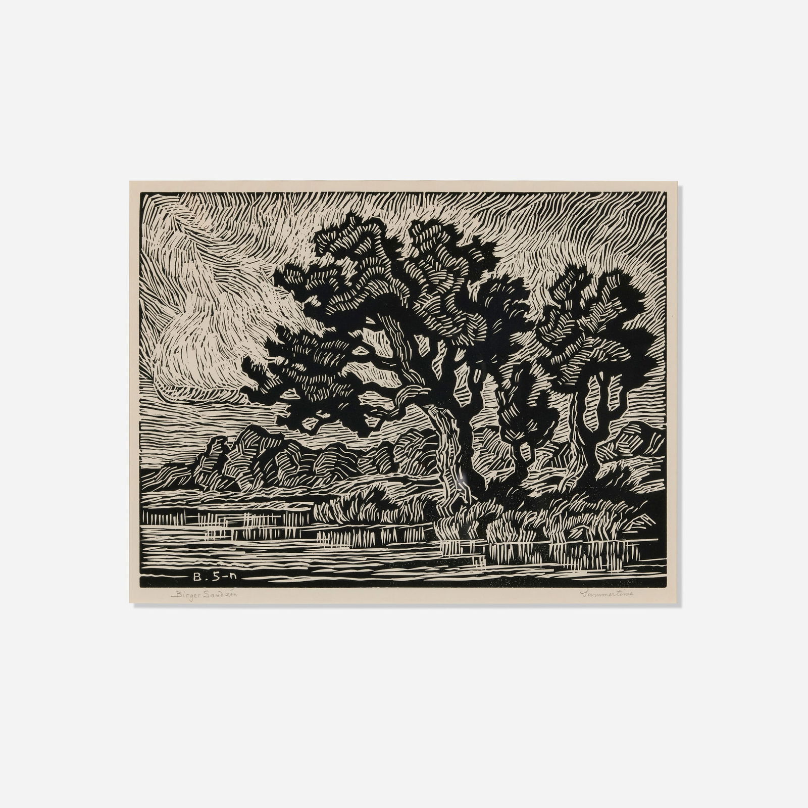 Sven Birger Sandzen, Summertime: Sven Birger Sandzen Summertime c. 1940 woodcut image: 8.875 h x 11.875 w in (23 x 30 cm) sight: 9.5 h x 12.375 w in (24 x 31 cm) Signed and titled to lower margin 'Birger Sandzen Summertime'. 