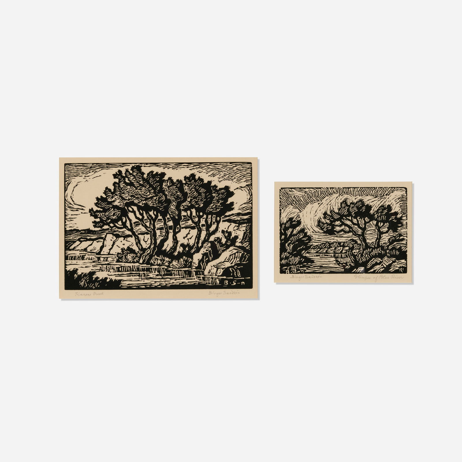 Sven Birger Sandzen, Kansas Creek; Glimpse of Blue River (two works): Sven Birger Sandzen Kansas Creek; Glimpse of Blue River (two works) 1928/1936 linocut sight: 6.625 h x 9.375 w in (17 x 24 cm) sight: 4.75 h x 6.375 w in (12 x 16 cm) Signed and titled to lower