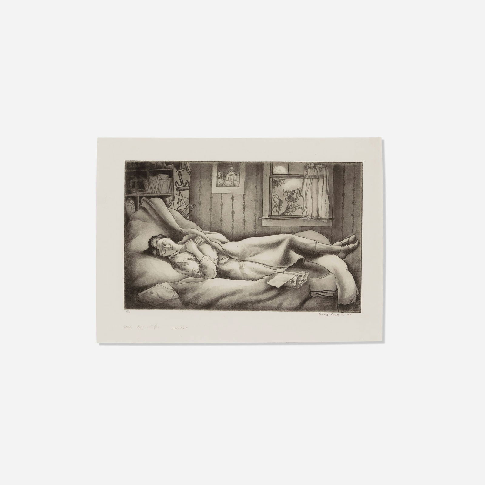 Howard Norton Cook, Studio Bed (Barbara Latham Sleeping): Howard Norton Cook Studio Bed (Barbara Latham Sleeping) 1930 aquatint on paper image: 3.75 h x 10.375 w in (10 x 26 cm) sight: 9 h x 12.5 w in (23 x 32 cm) Signed, dated and numbered to lower