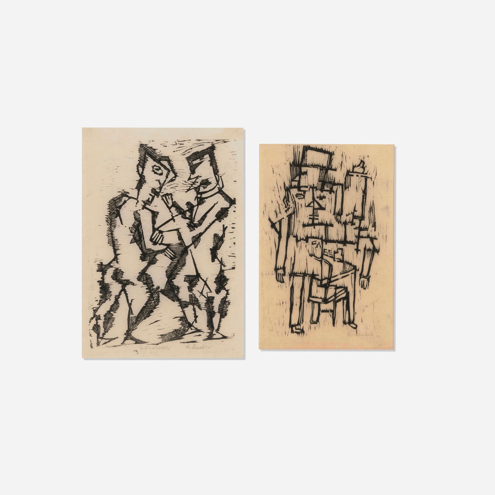 Louis Schanker, Cafe #1; Two Figures (two works): Louis Schanker Cafe #1; Two Figures (two works) 1938, 1939 linocut sight: 9.75 h x 6.375 w in (25 x 16 cm) sight: 10.875 h x 7.625 w in (28 x 19 cm) Signed to lower edge of each work 'Schanker'.
