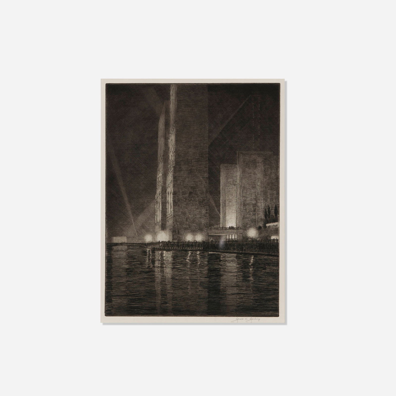 Gerald Geerlings, Grand Canal, America (Electrical Building at Night (Chicago World's Fair)): Gerald Geerlings Grand Canal, America (Electrical Building at Night (Chicago World's Fair)) 1933 etching image: 11.875 h x 8.875 w in (30 x 23 cm) sight: 12.375 h x 9.375 w in (31 x 24 cm) Signed