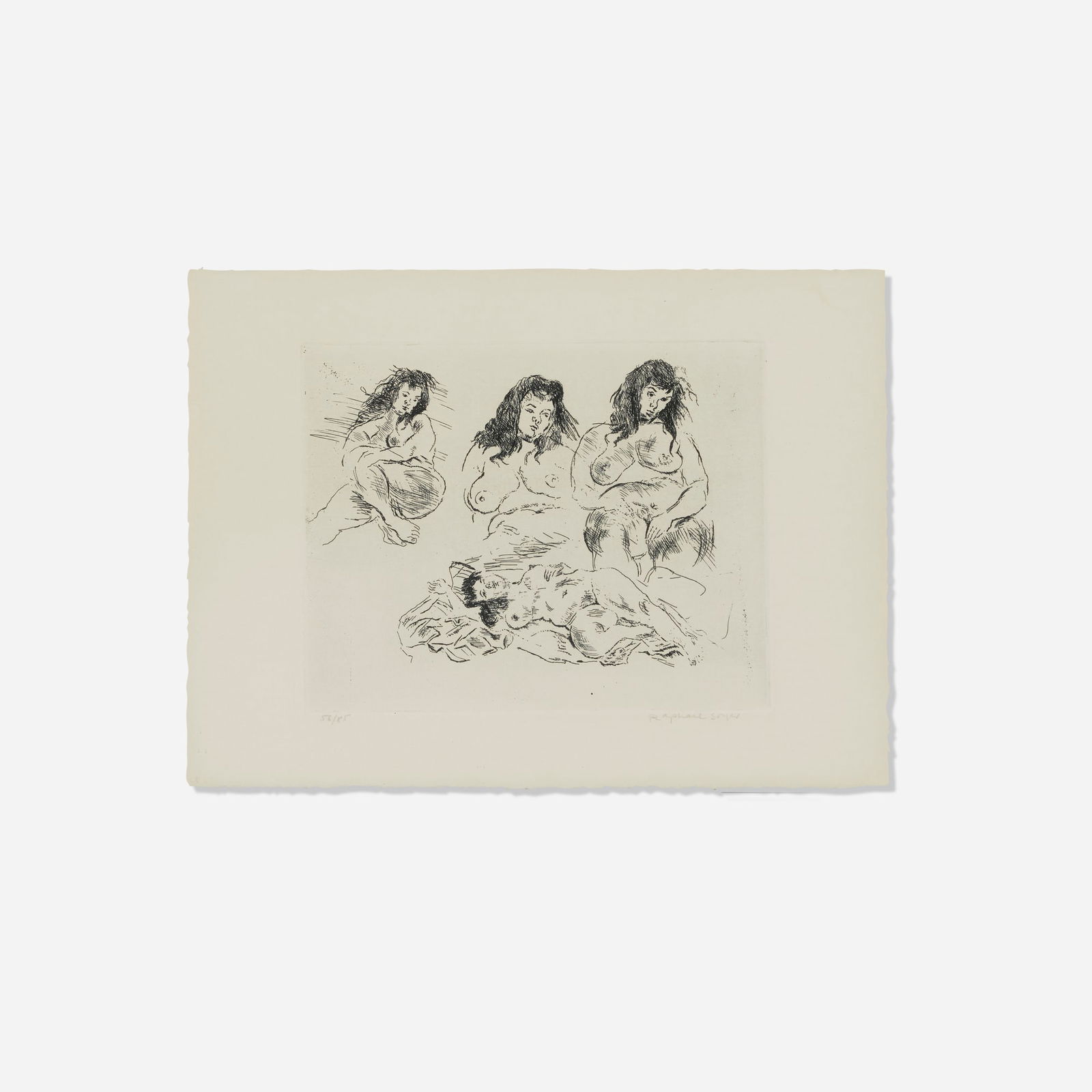 Raphael Soyer, Nude Studies (from the Sixteen Etchings series): Raphael Soyer Nude Studies (from the Sixteen Etchings series) 1963 etching on BFK Rives image: 7.388 h x 9.875 w in (19 x 25 cm) sheet: 11.125 h x 15 w in (28 x 38 cm) Signed and numbered to lower