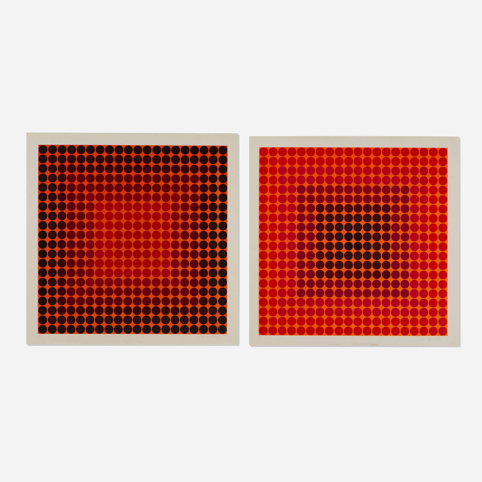 Victor Vasarely, Pokol BC; Pokol BF (two works): Victor Vasarely Pokol BC; Pokol BF (two works) 1968 screenprint in colors image (each): 23.625 h x 23.625 w in (60 x 60 cm) sight (each): 26.5 h x 26.59 w in (67 x 68 cm) Signed and numbered to