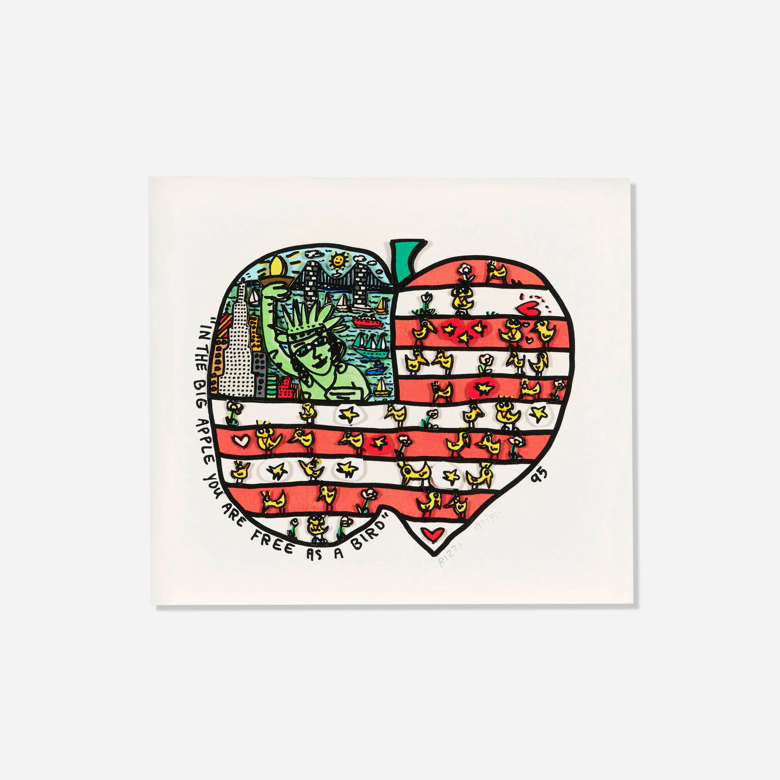 James Rizzi, In the Big Apple You Are Free as a Bird: James Rizzi In the Big Apple You Are Free as a Bird 1995three-dimensional lithograph in colors cutout construction sight: 8.875 h x 10 w in (23 x 25 cm) Signed and numbered to lower edge 'Rizz