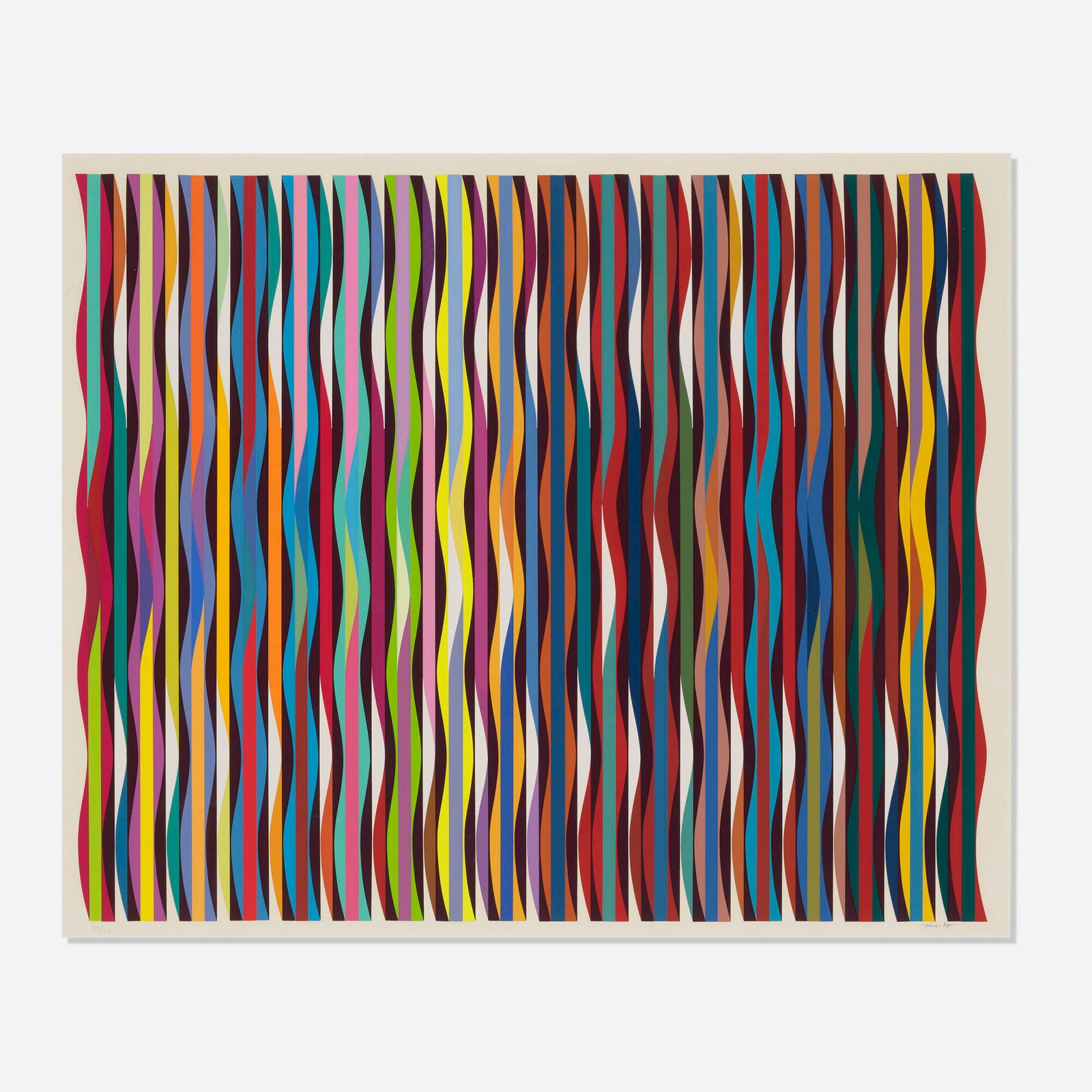 Yaacov Agam, Emanation: Yaacov Agam Emanation 1971lithograph in colors image: 29.25 h x 35.5 w in (74 x 90 cm) sight: 30.75 h x 36.875 w in (78 x 94 cm) Signed and numbered to lower margin '110/150 Yaacov Agam'. T