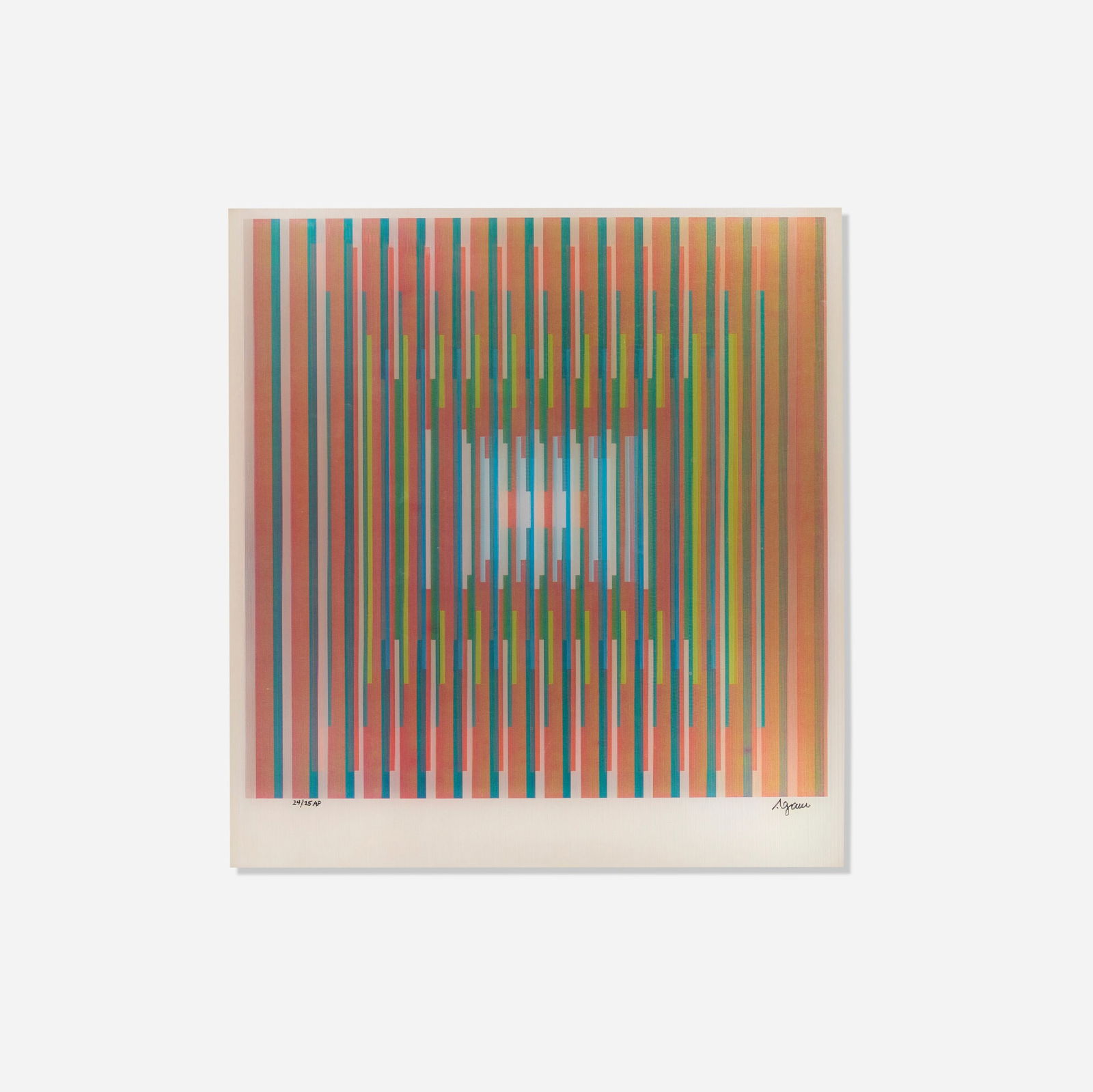 Yaacov Agam, Untitled: Yaacov Agam Untitled Agamograph image: 12.5 h x 12.5 w in (32 x 32 cm) sight: 14.75 h x 13.5 w in (37 x 34 cm) Signed and numbered to lower edge '24/25 AP Agam'. This work is artist's proof numbe