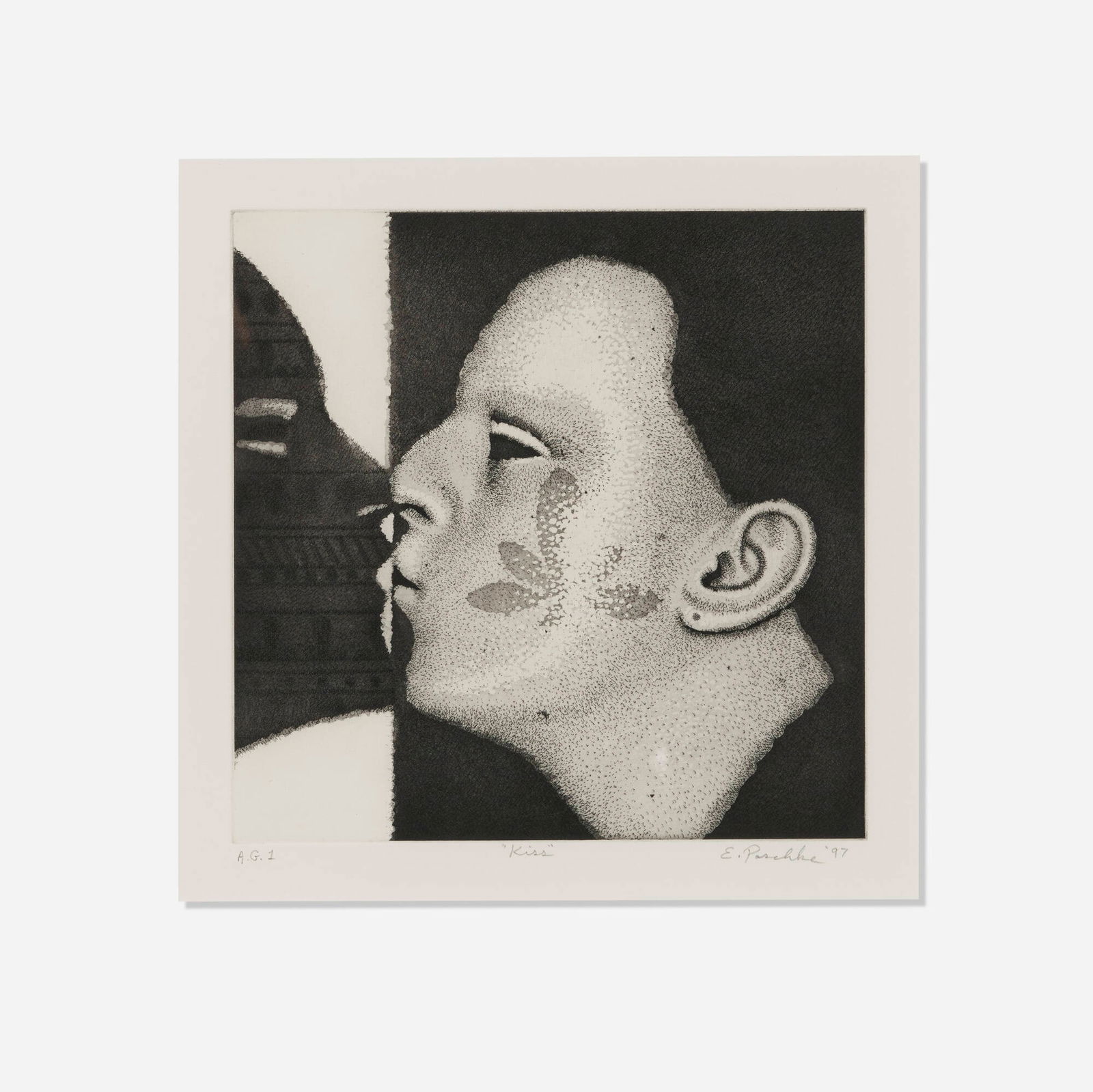 Ed Paschke, The Kiss: Ed Paschke The Kiss 1997 etching and aquatint on Somerset image: 11.75 h x 11.75 w in (30 x 30 cm) sight: 14 h x 13.875 w in (36 x 35 cm) Signed, titled, dated and numbered to lower margin 'A.G. 1
