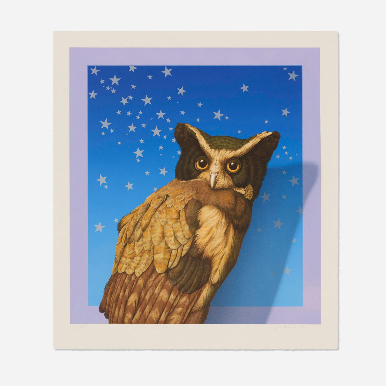 Tom Palmore, Al the Owl: Tom Palmore Al the Owl 1989 lithograph in colors image: 23.375 h x 21 w in (59 x 53 cm) sheet: 27 h x 24 w in (69 x 61 cm) Signed, titled, dated and numbered to lower edge 'BAT Al Tom Palmore 89'