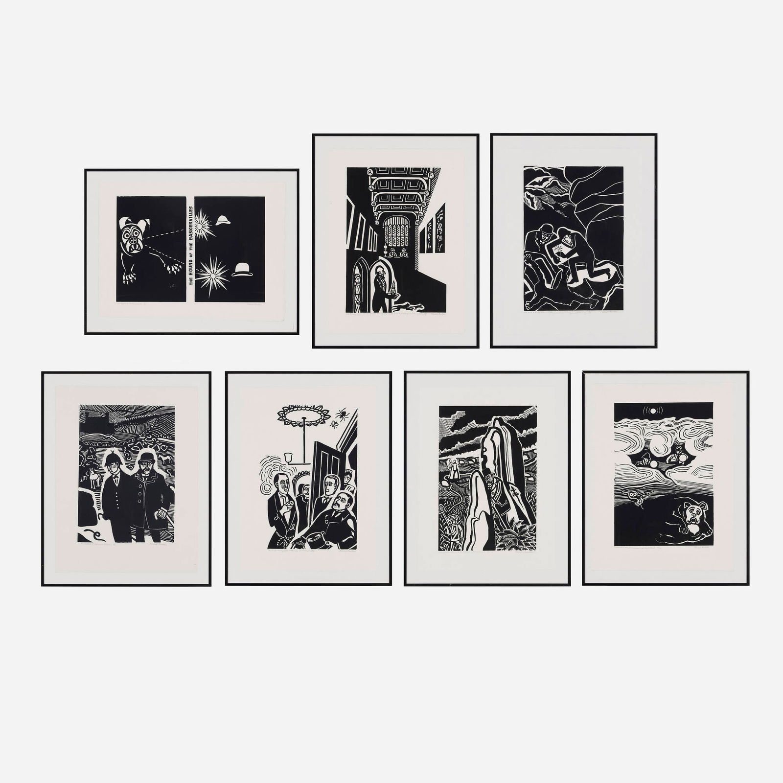 Edward Bawden, Seven works from The Hound of the Baskervilles: Edward Bawden Seven works from The Hound of the Baskervilles linocut sheet (each): 23.125 h x 17.25 w in (59 x 44 cm) sheet: 17.25 h x 23.125 w in (44 x 59 cm) Signed, titled and numbered to lower