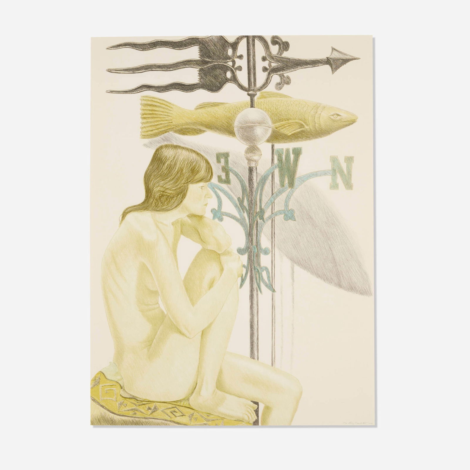 Philip Pearlstein, Nude Model with Banner and Fish Weathervanes: Philip Pearlstein Nude Model with Banner and Fish Weathervanes 2010 lithograph in colors 34 h x 25 w in (86 x 63 cm) Signed, dated and numbered to lower right '1/40 Pearlstein 2010'. This work is