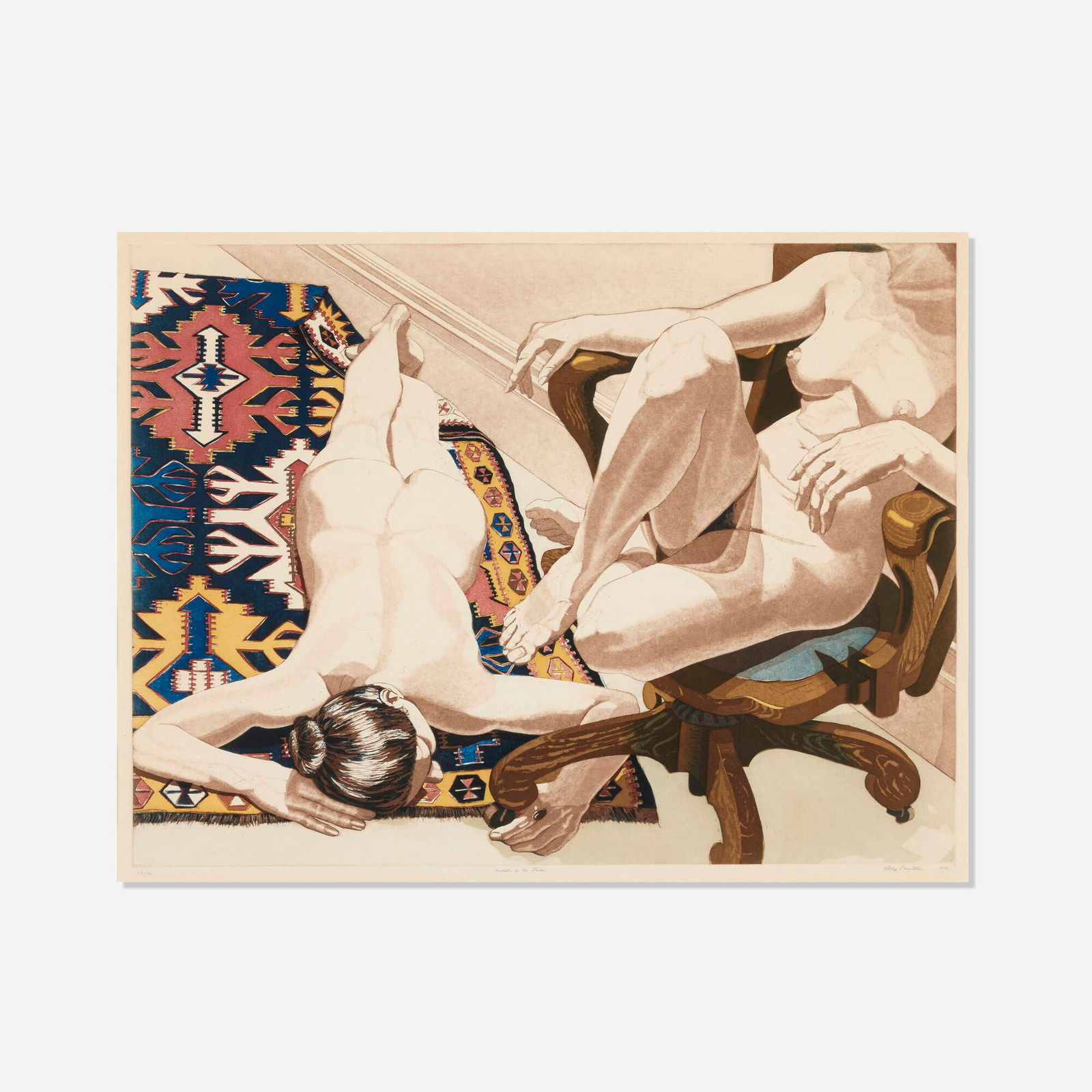 Philip Pearlstein, Models in the Studio: Philip Pearlstein Models in the Studio 1976etching and aquatint in colors image: 21.625 h x 28.75 w in (55 x 73 cm) sight: 23 h x 29.875 w in (58 x 76 cm) Signed, titled, dated and numbered